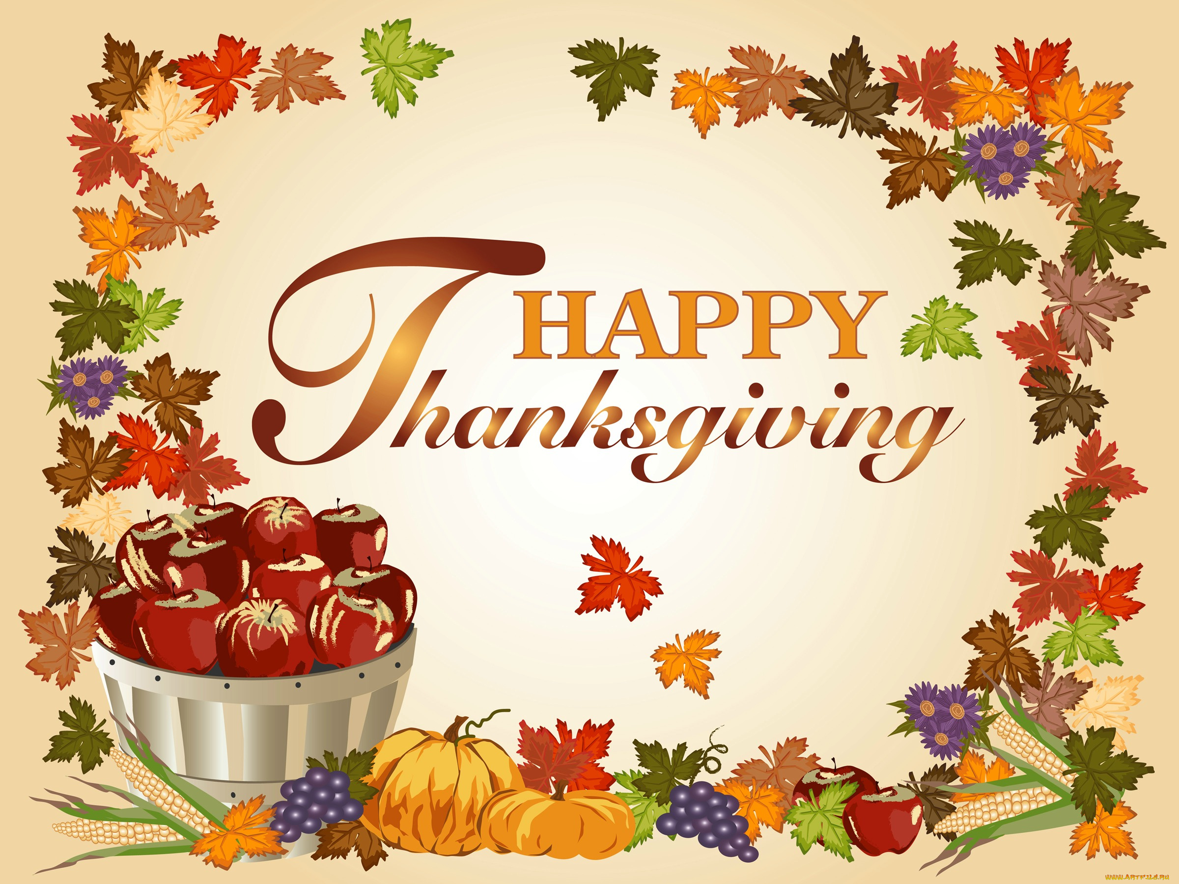 праздничные, день, благодарения, виноград, цветы, яблоки, тыква, листья
