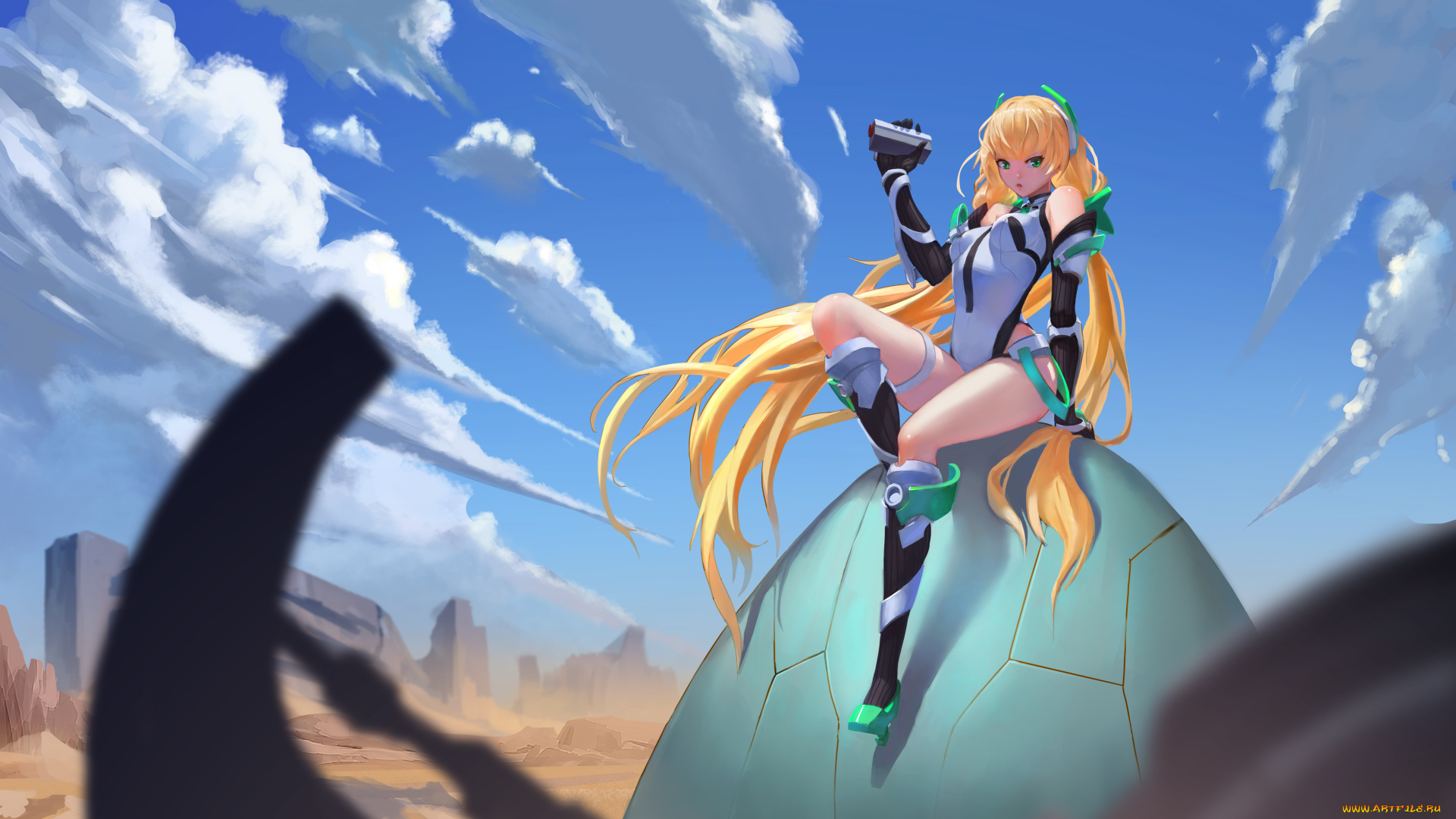 аниме, expelled, from, paradise, арт, reisun001, expelled, from, paradise, angela, balzac, девушка, небо, облака, пустыня, руины