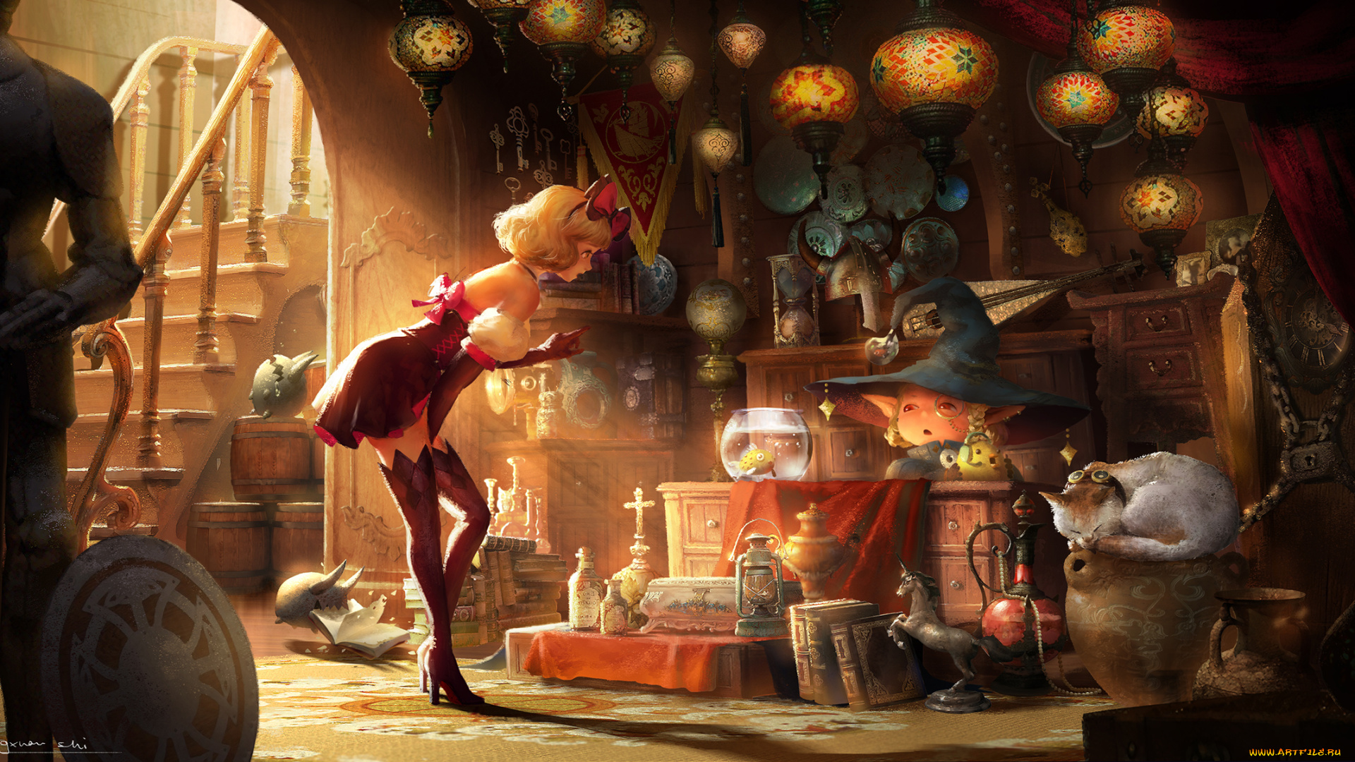 аниме, pixiv, fantasia, pixiv, fantasia, lost, elle, арт, девушка, эльф, кот, шляпа, игрушки, комната, лестница