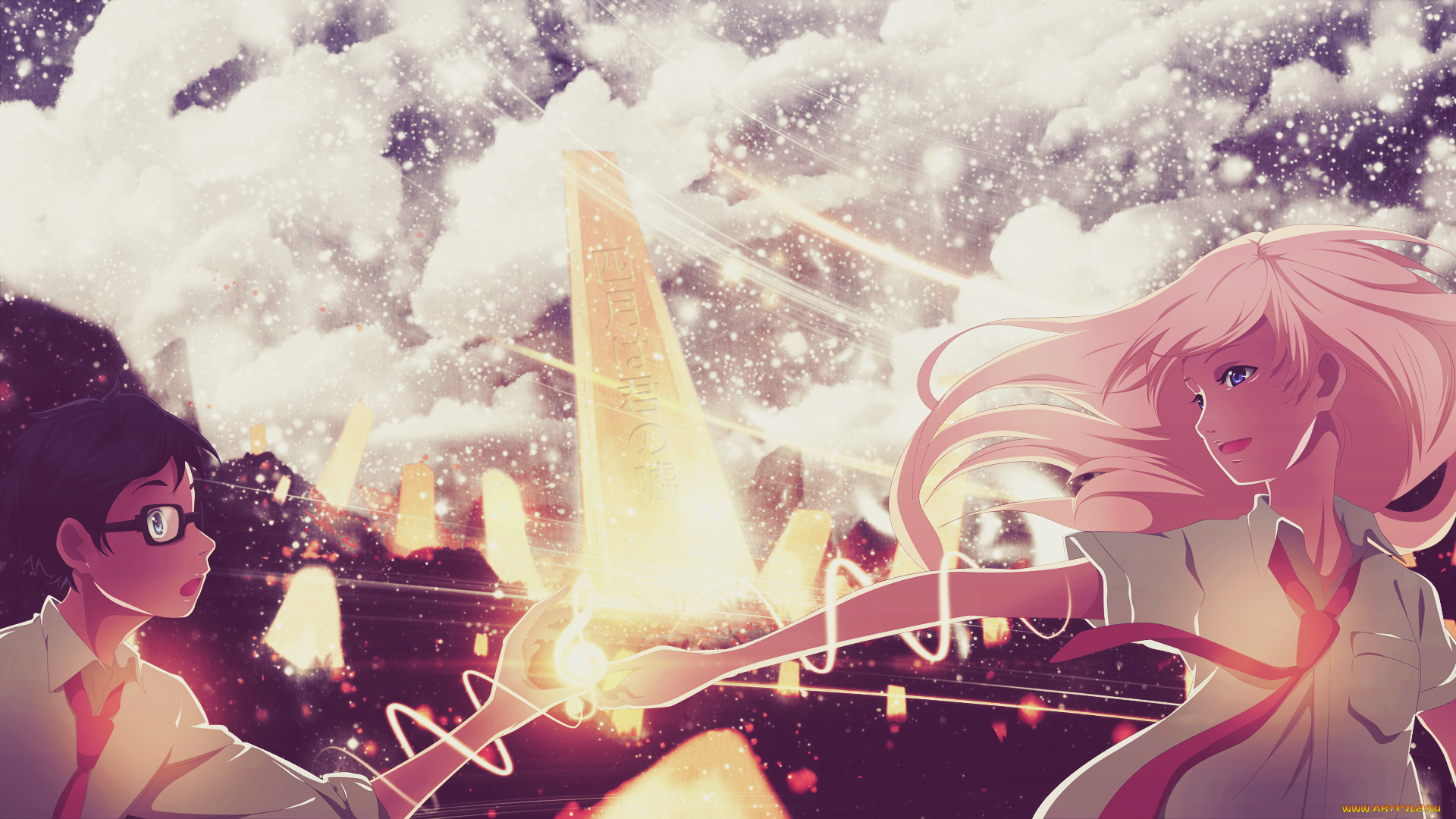 аниме, shigatsu, wa, kimi, no, uso, девушка, взгляд, фон, парень