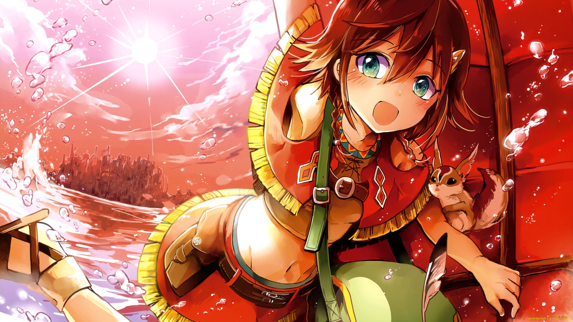 аниме, suisei, no, gargantia, арт, suisei, no, gargantia, amy, девушка, солнце, небо, облака, вода, капли, белка, сумка