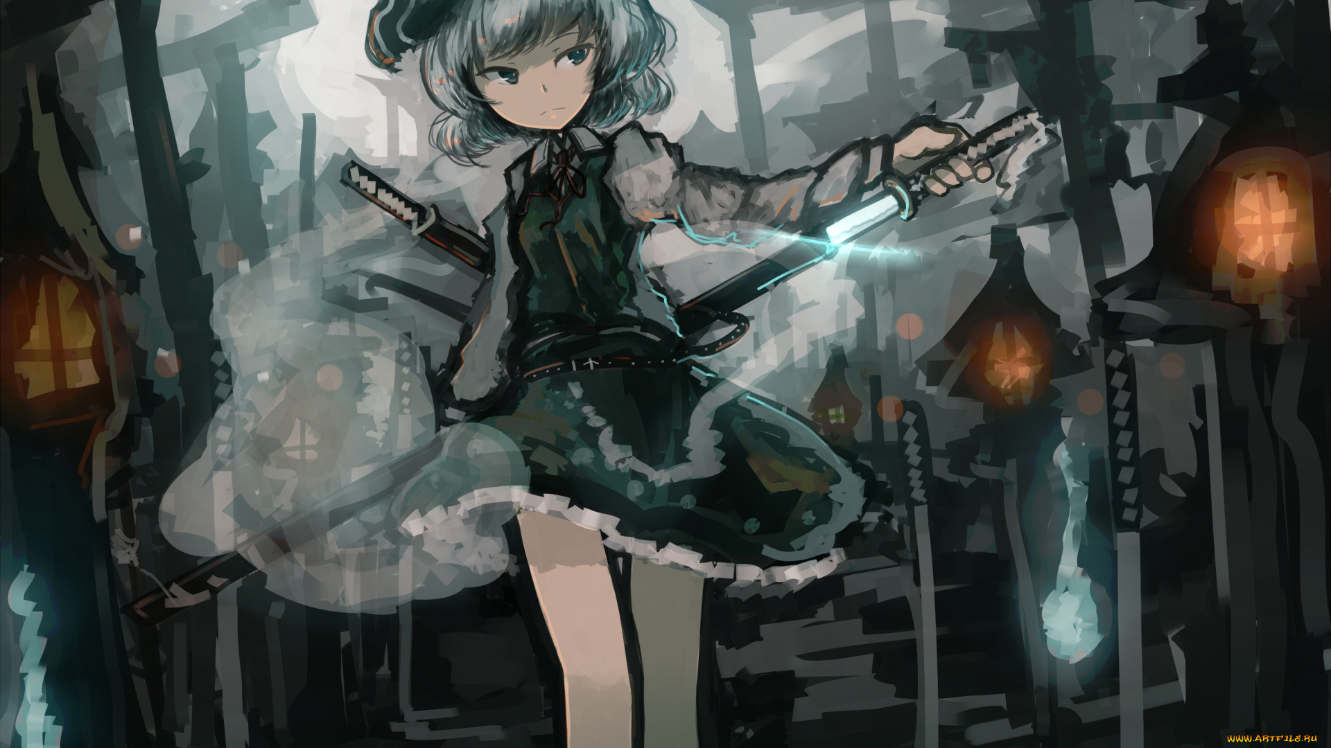 аниме, touhou, арт, myon, konpaku, youmu, руины, меч, mifuru, девушка