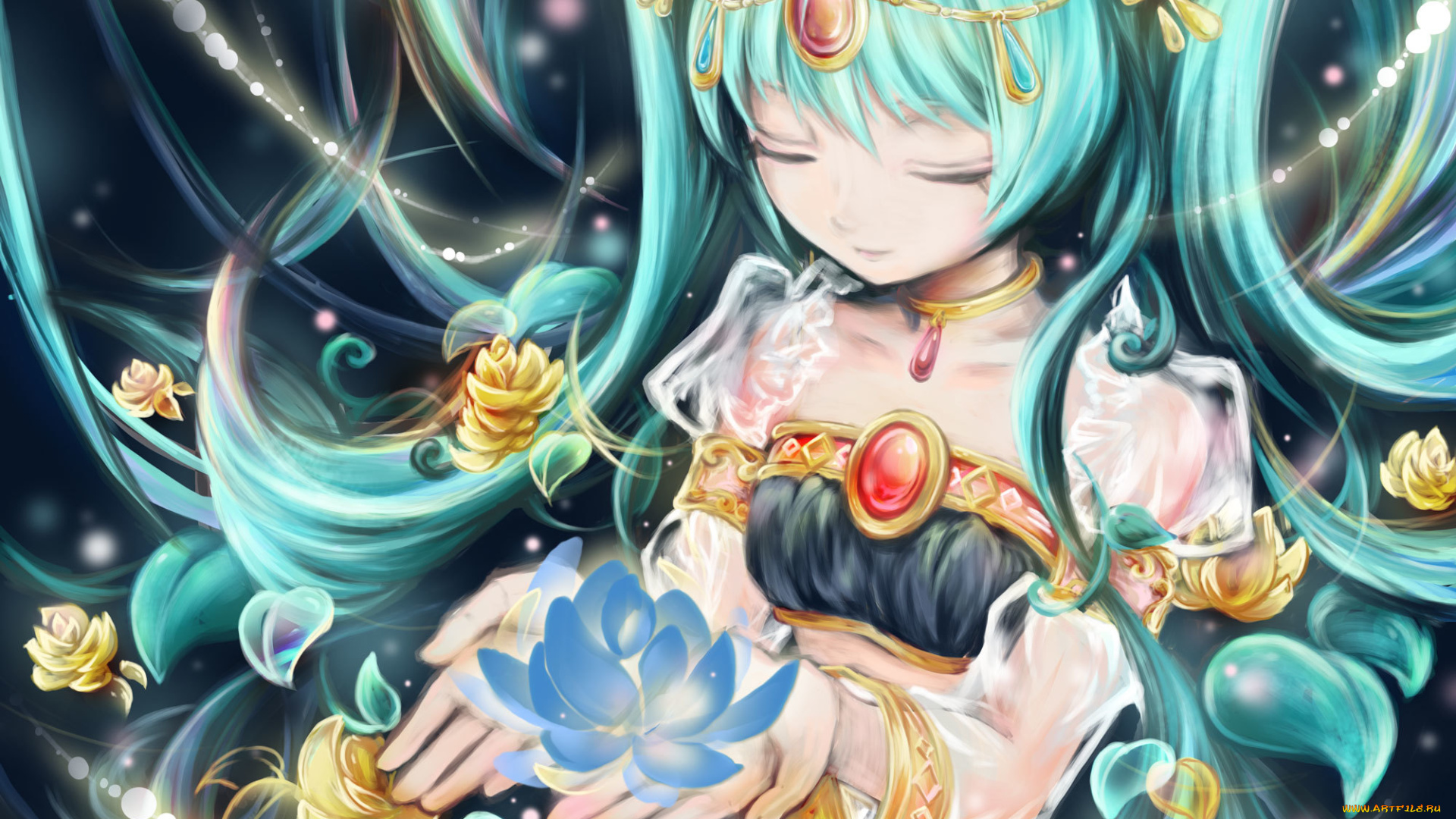 аниме, vocaloid, арт, hoshino, chika, вокалоид, hatsune, miku, девушка, цветы, лепестки, ожерелье