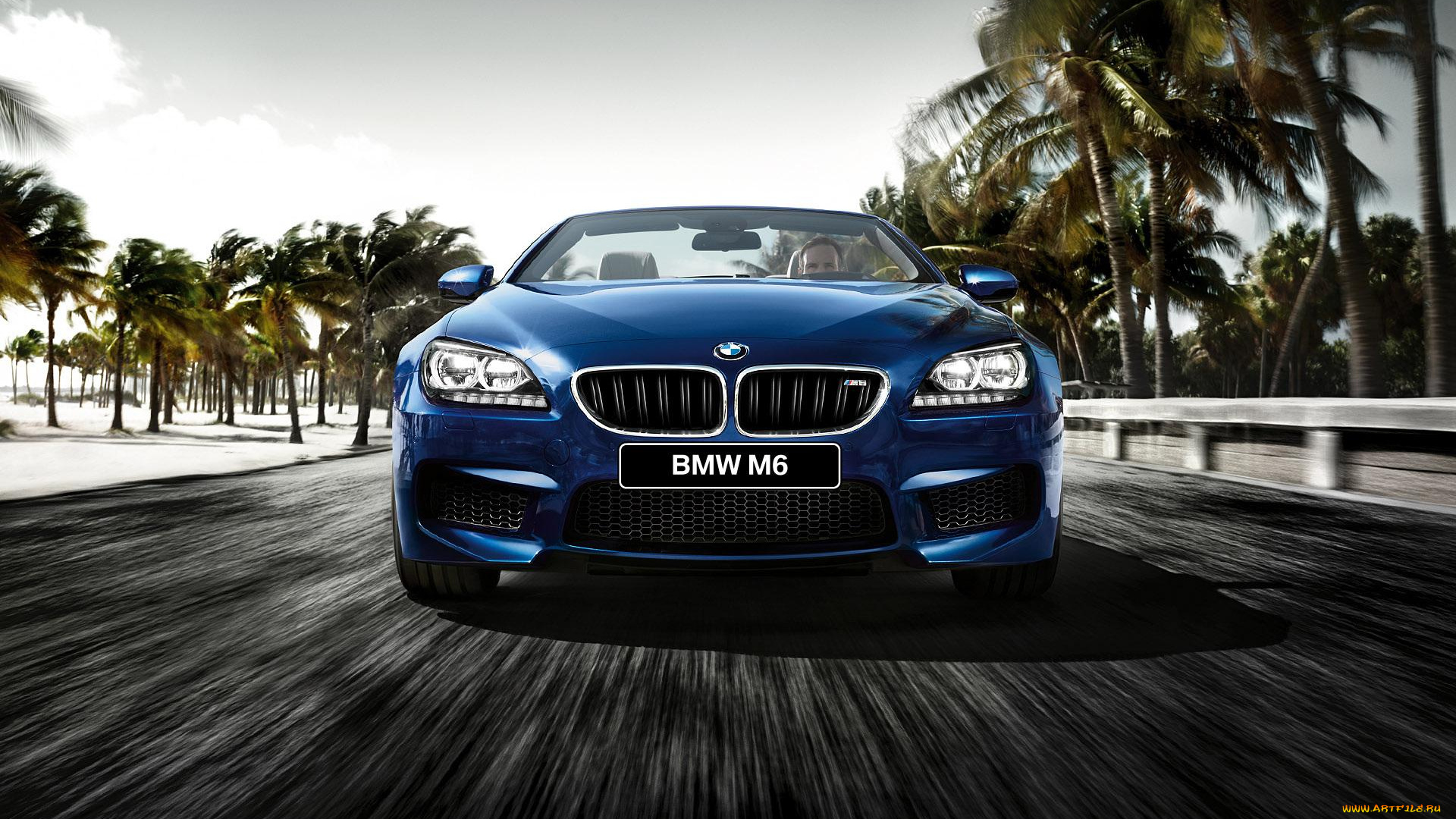 автомобили, bmw, м6, синий, бмв, пальмы, шоссе, дорога, скорость
