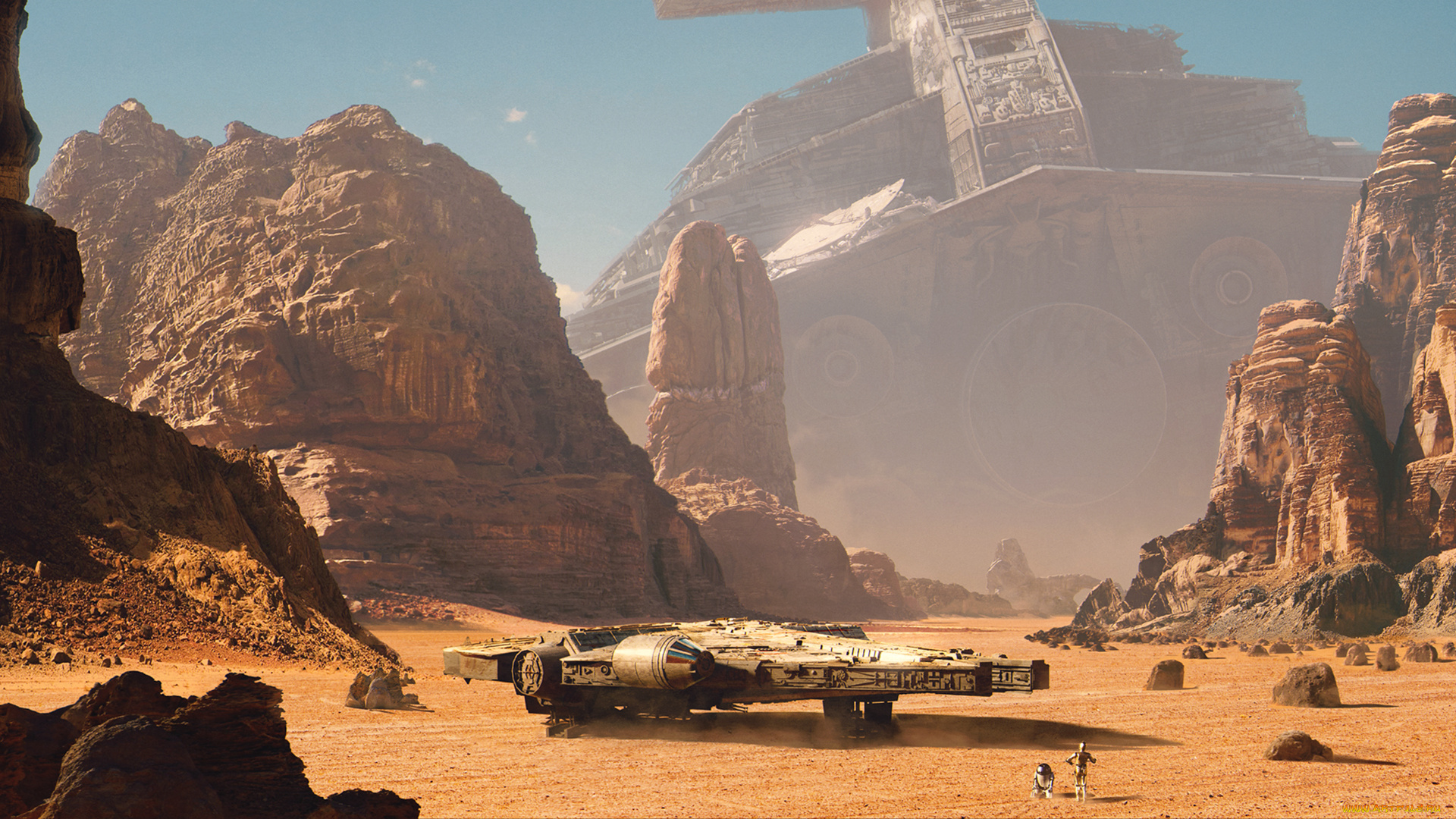 фэнтези, _star, wars, star, destroyer, imperial, cruiser, r2-d2, c-3po, droids, spaceship, крейсер, робот, скалы, горы, пустыня, wars, тысячелетний, сокол, millenium, falcon