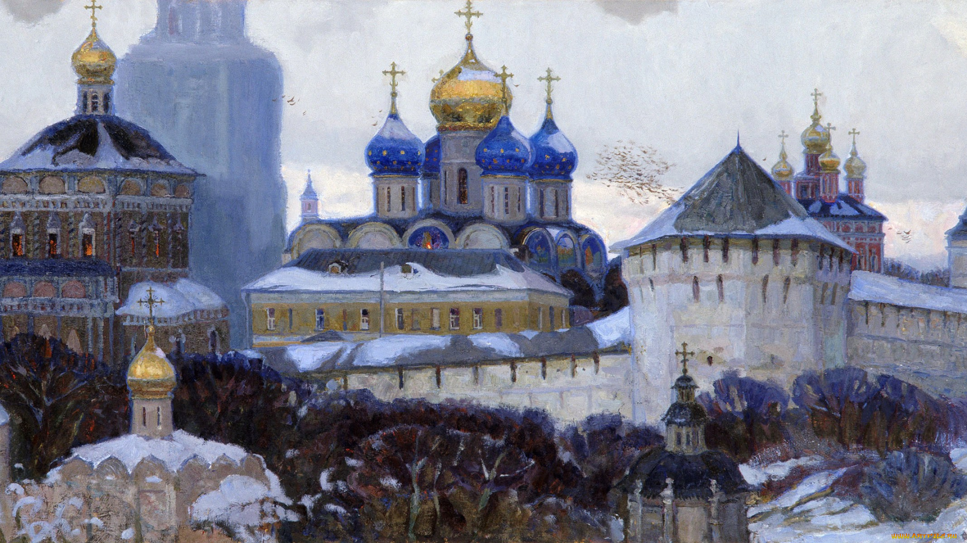 сергиев, посад, рисованное, живопись, деревья, храмы, церкви, зима, снег, люди