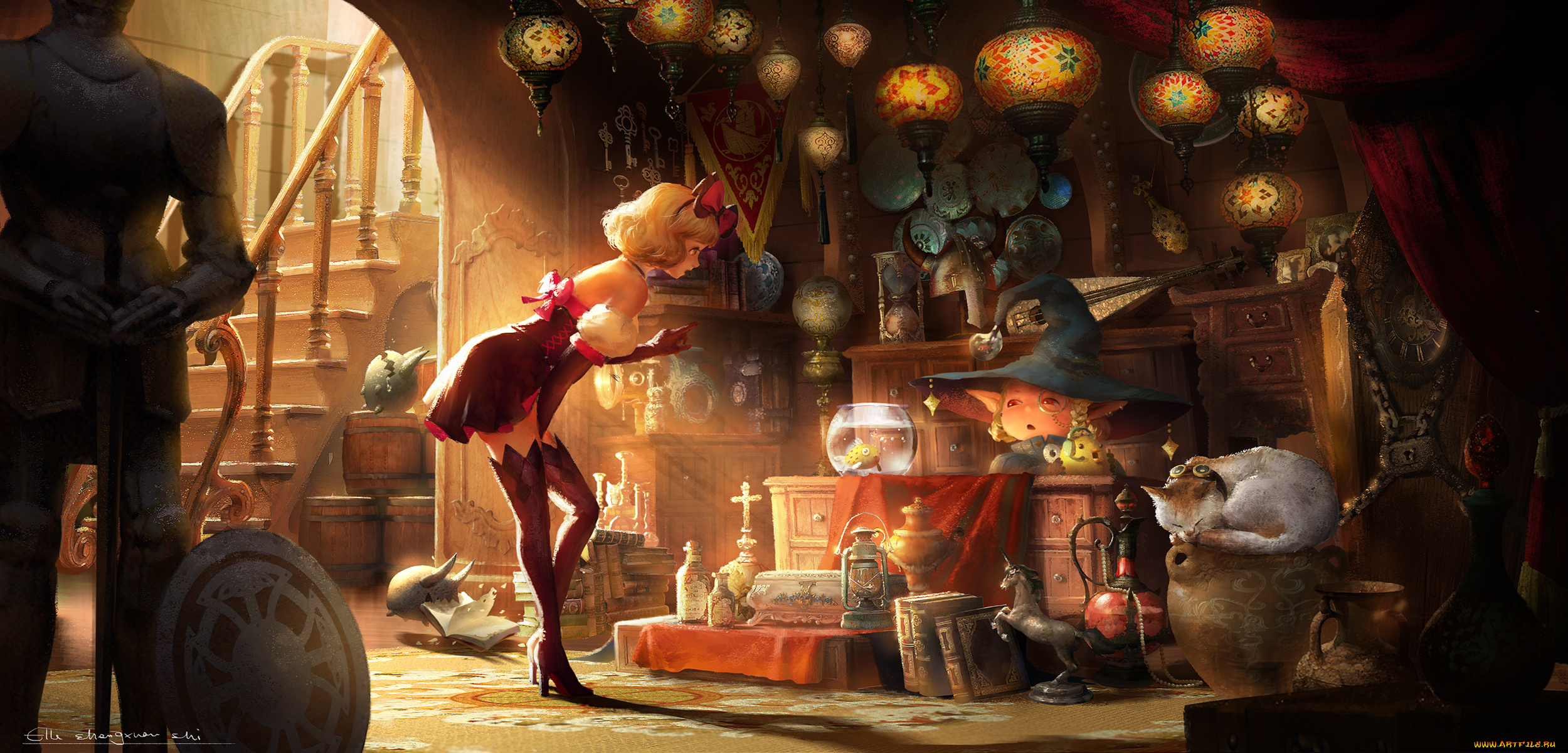 аниме, pixiv, fantasia, pixiv, fantasia, lost, elle, арт, девушка, эльф, кот, шляпа, игрушки, комната, лестница