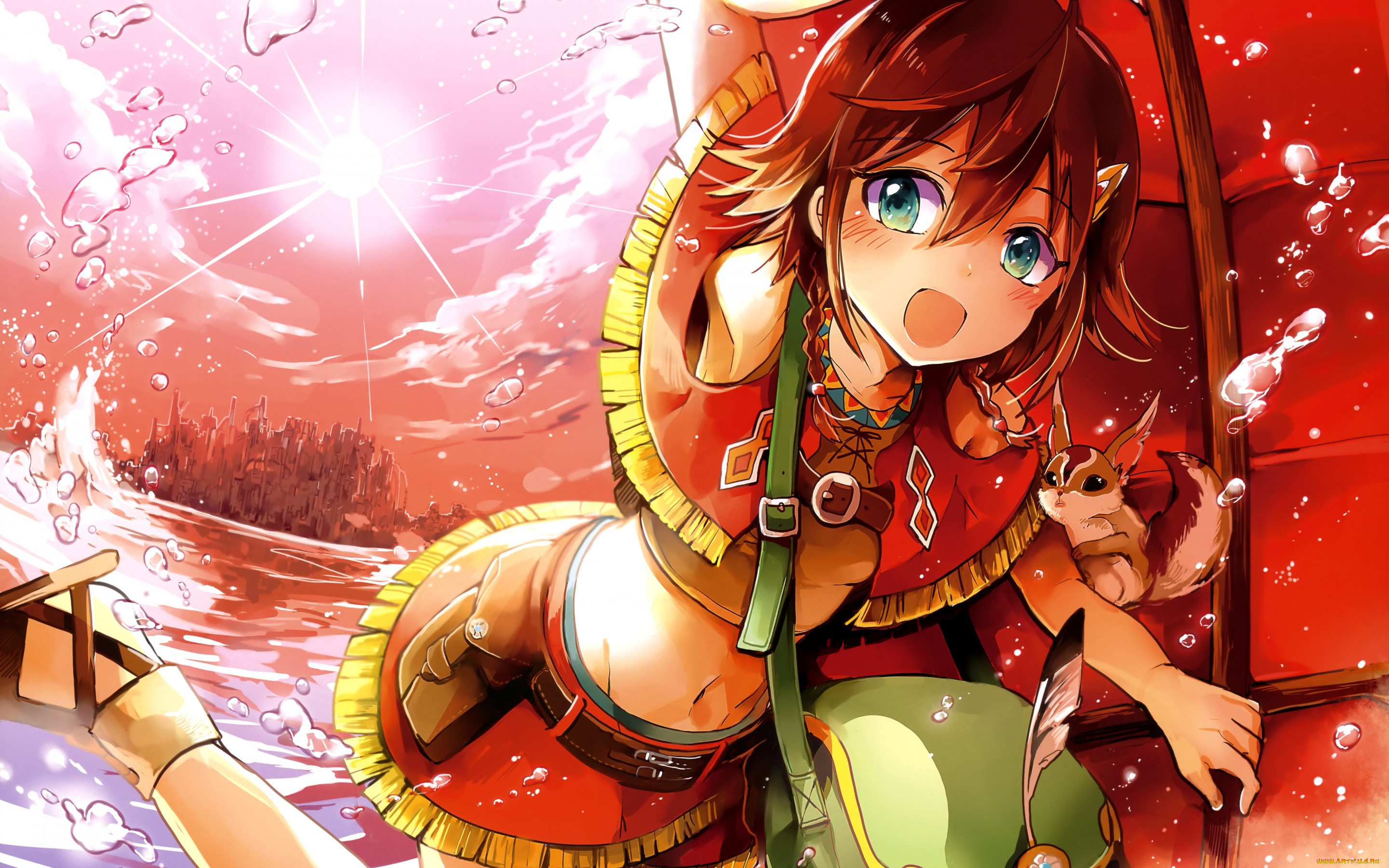 аниме, suisei, no, gargantia, арт, suisei, no, gargantia, amy, девушка, солнце, небо, облака, вода, капли, белка, сумка