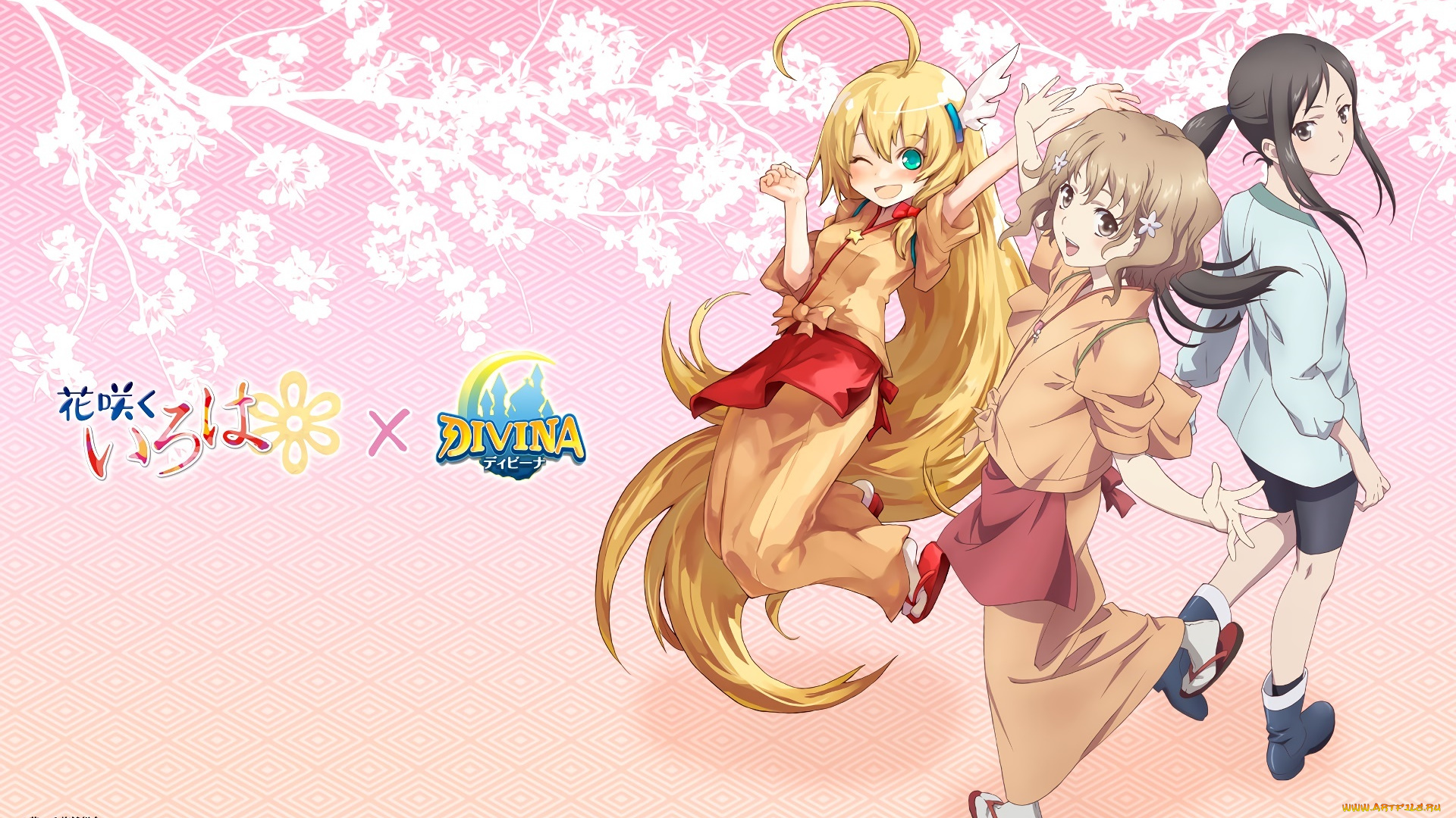 аниме, hana-saku, iroha, девушки, взгляд, фон