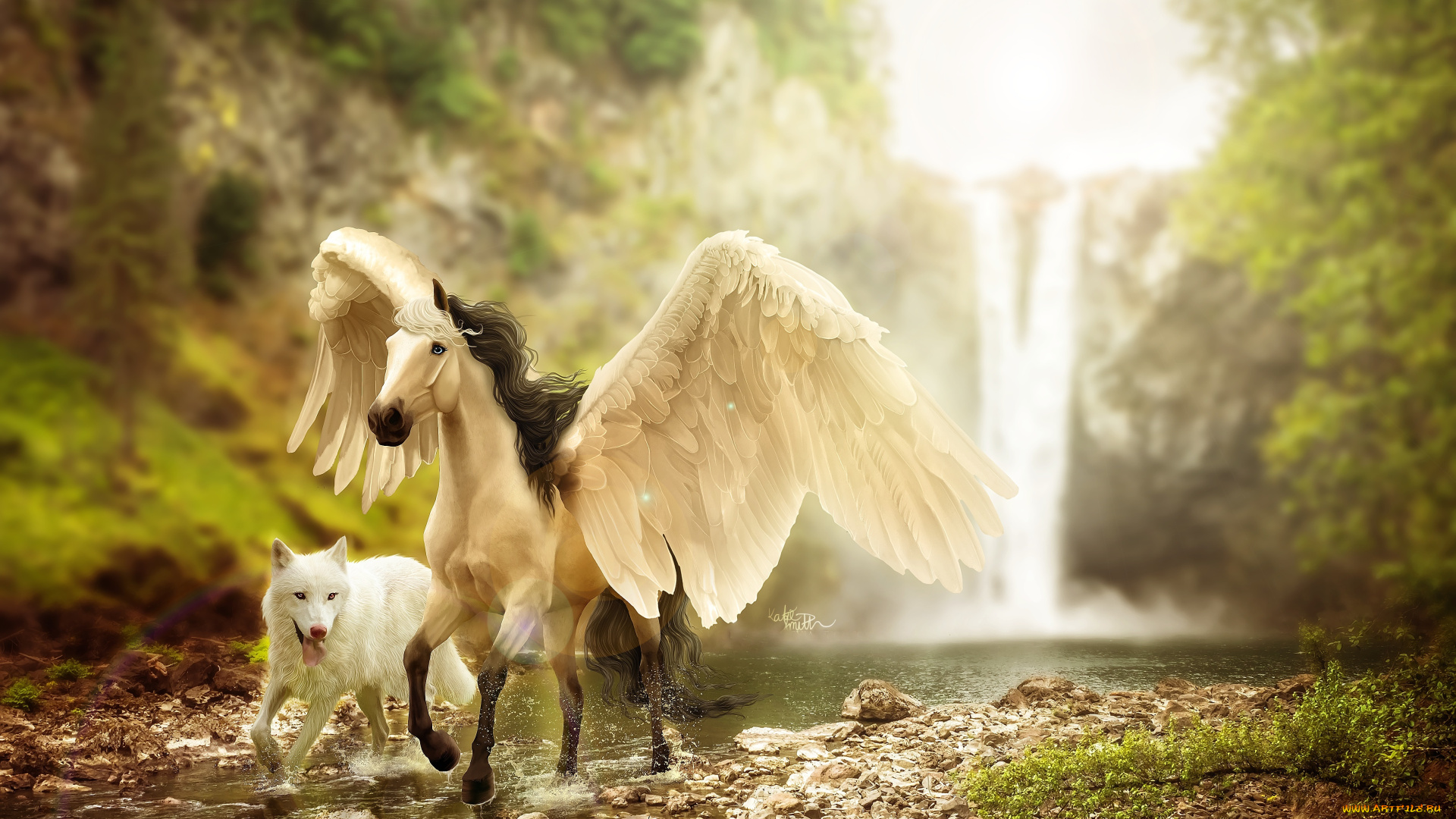 фэнтези, пегасы, by, ellipsiem, фэнетзи, лошадь, природа, волк