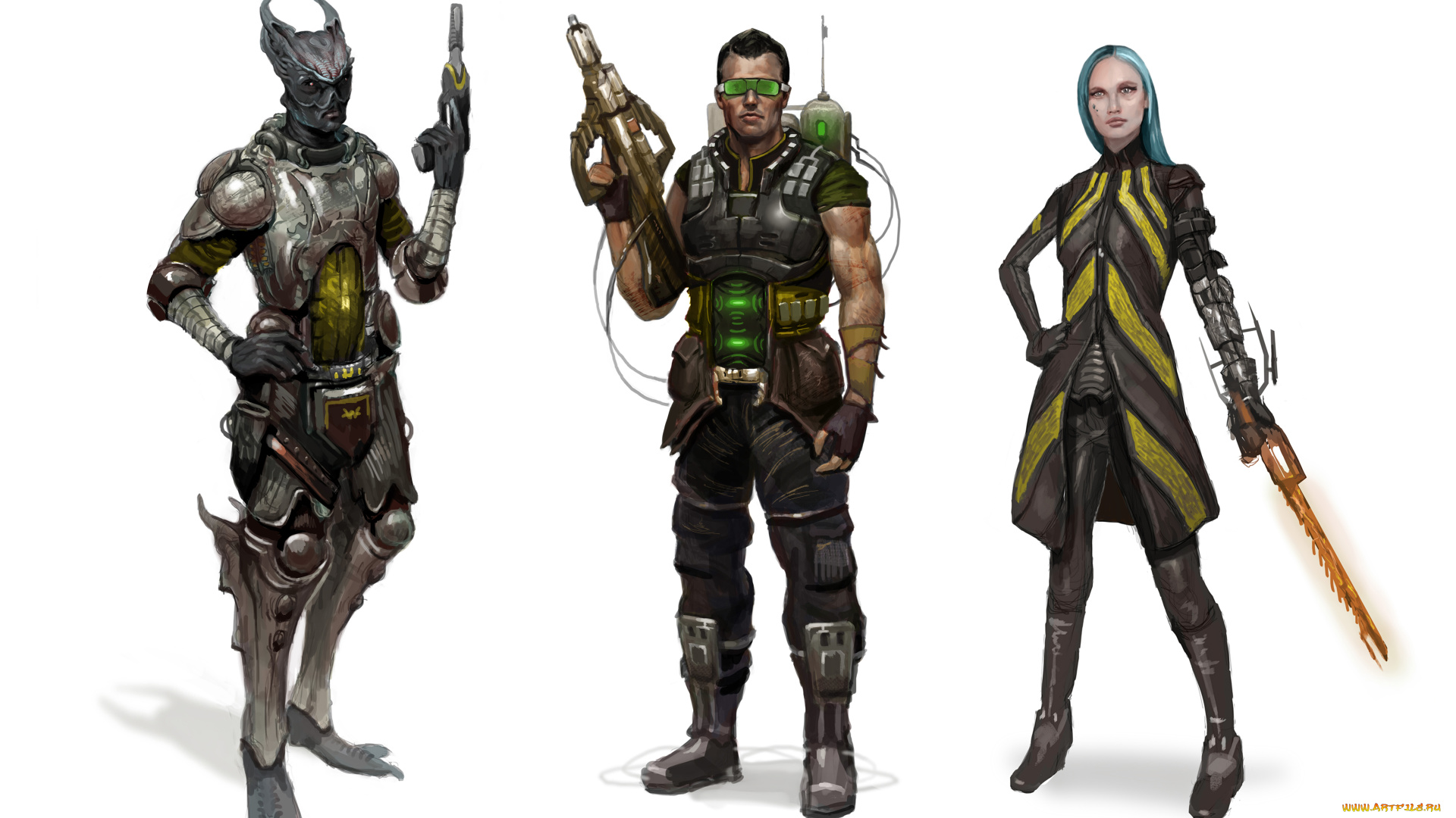 фэнтези, роботы, , киборги, , механизмы, фон, существо, девушка, мужчина, оружие, униформа, взгляд