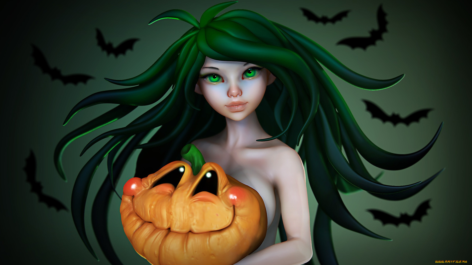 праздничные, хэллоуин, арт, праздник, тыква, olya, anufrieva, девушка, настроение, летучая, мышь