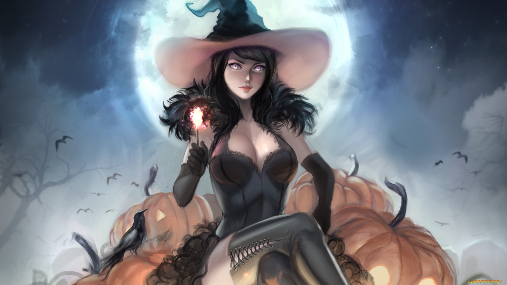 праздничные, хэллоуин, ведьма, летучие, мыши, ночь, эротика, halloween, луна, тыквы, арт, праздник, взгляд, поза