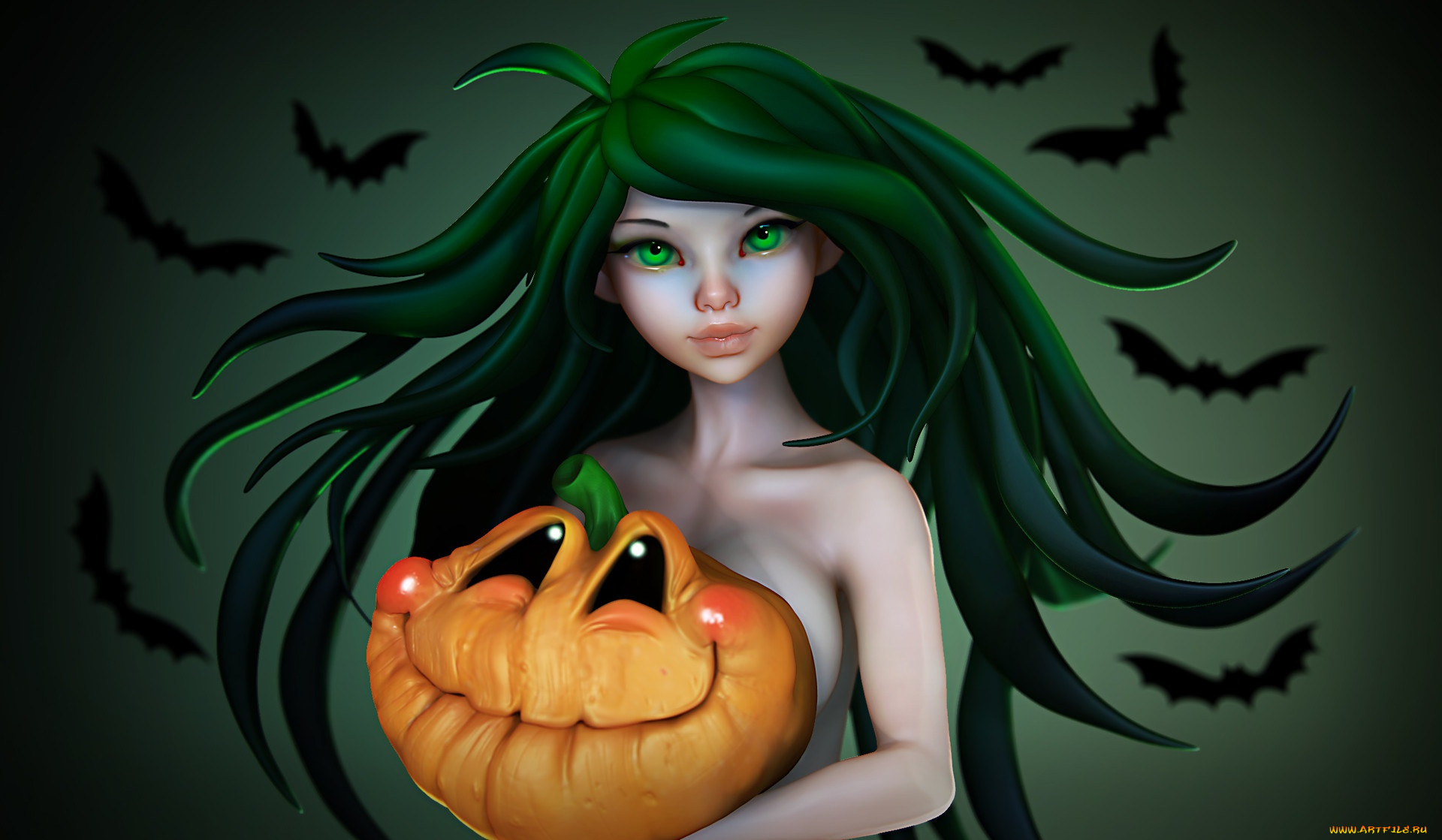 праздничные, хэллоуин, арт, праздник, тыква, olya, anufrieva, девушка, настроение, летучая, мышь