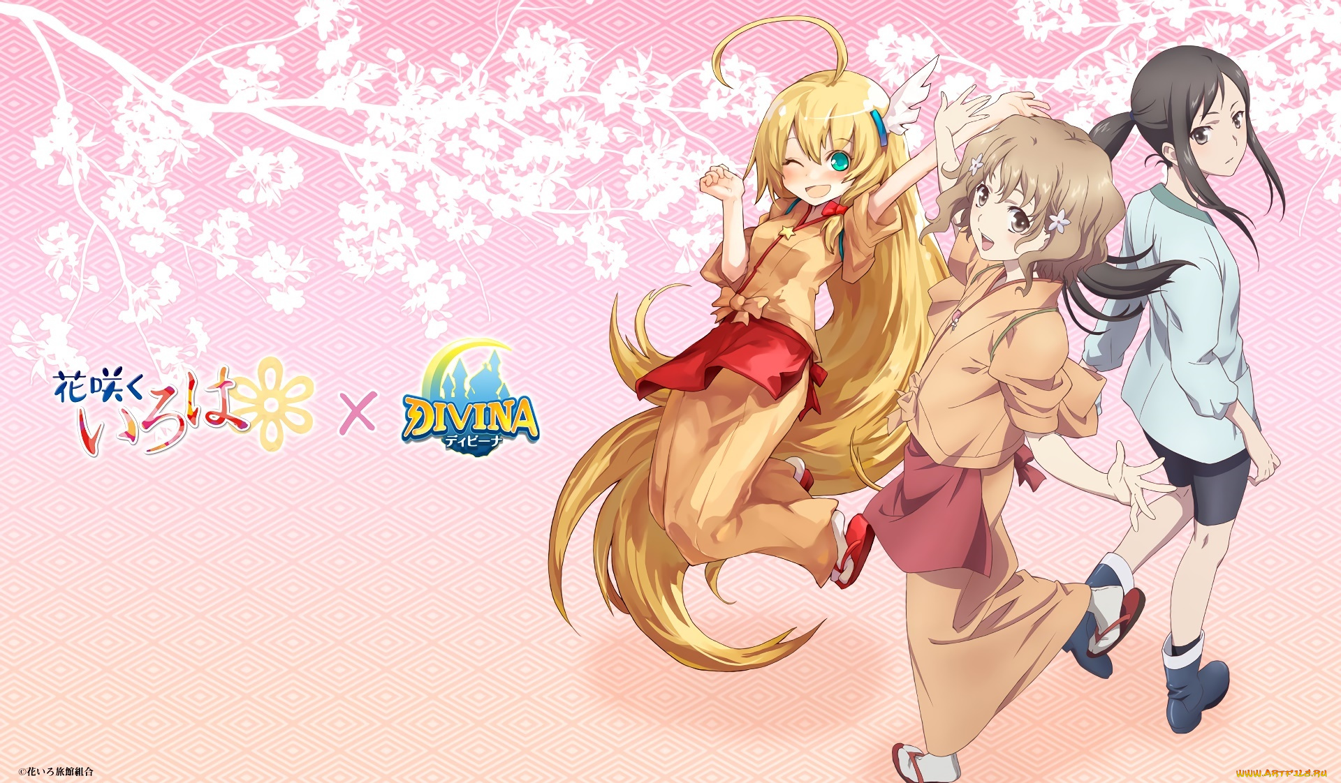 аниме, hana-saku, iroha, девушки, взгляд, фон