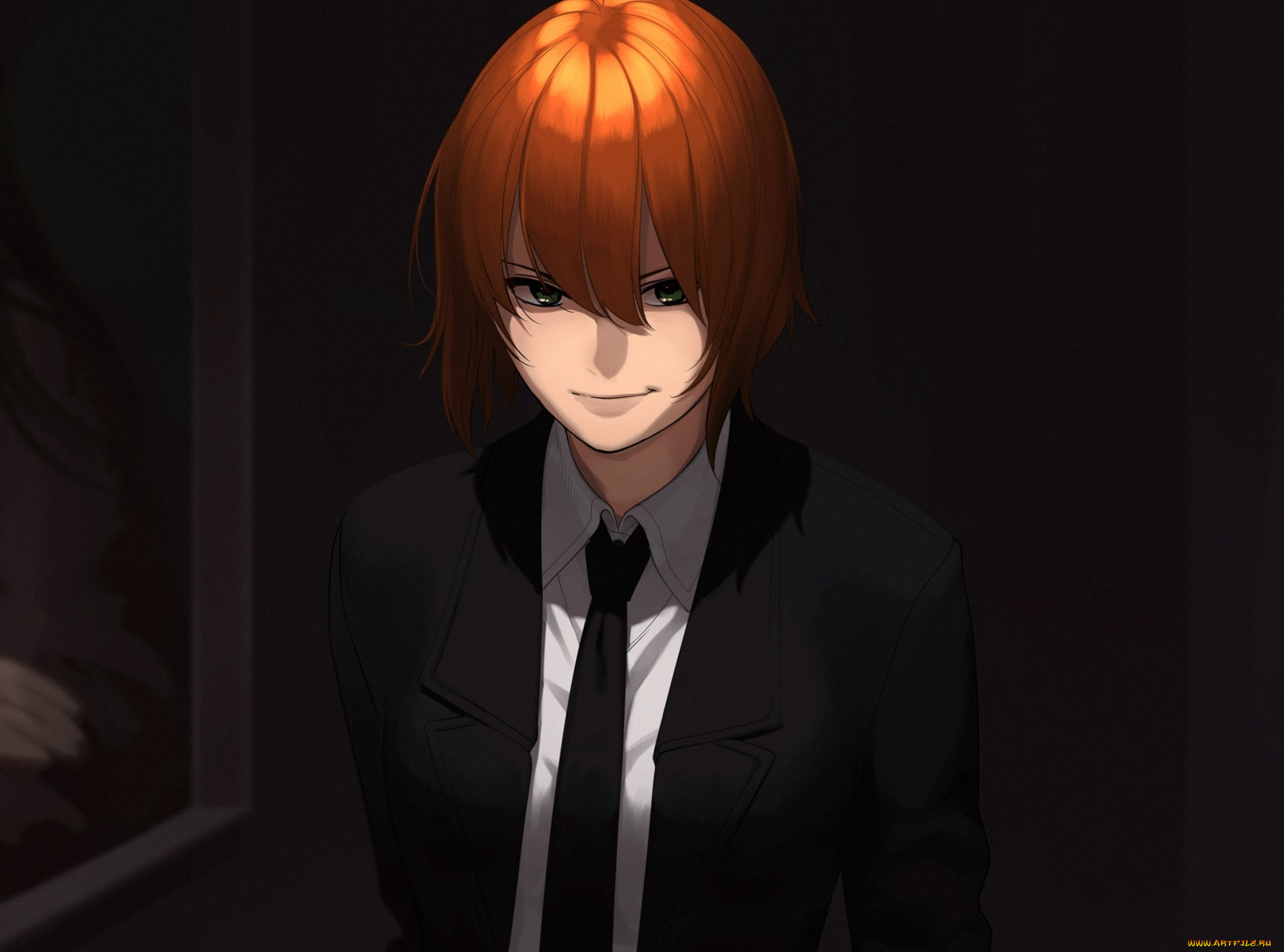 аниме, unknown, , другое, арт, девушка, галстук, темный, фон, рыжая, костюм, aconitea