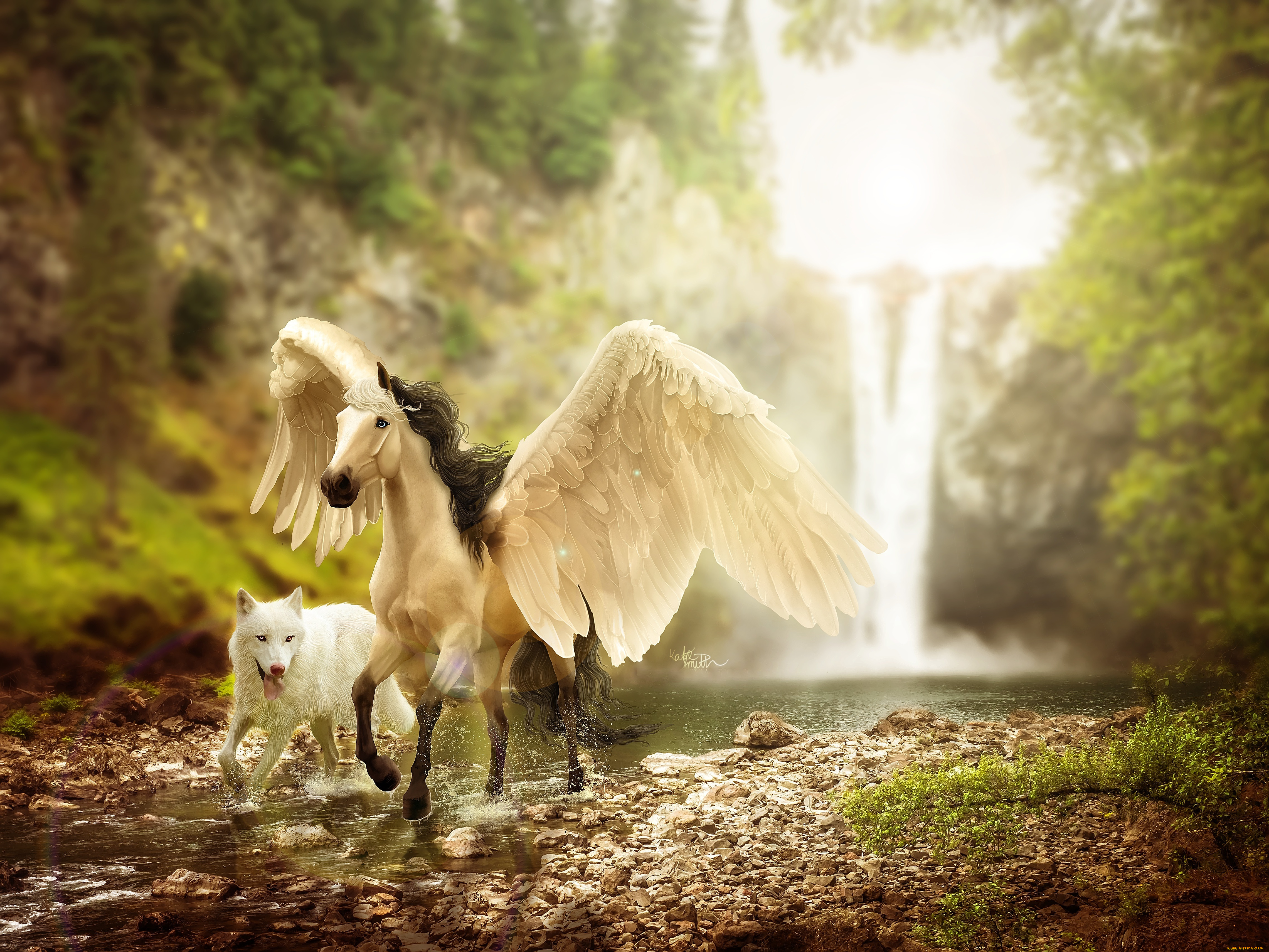 фэнтези, пегасы, by, ellipsiem, фэнетзи, лошадь, природа, волк