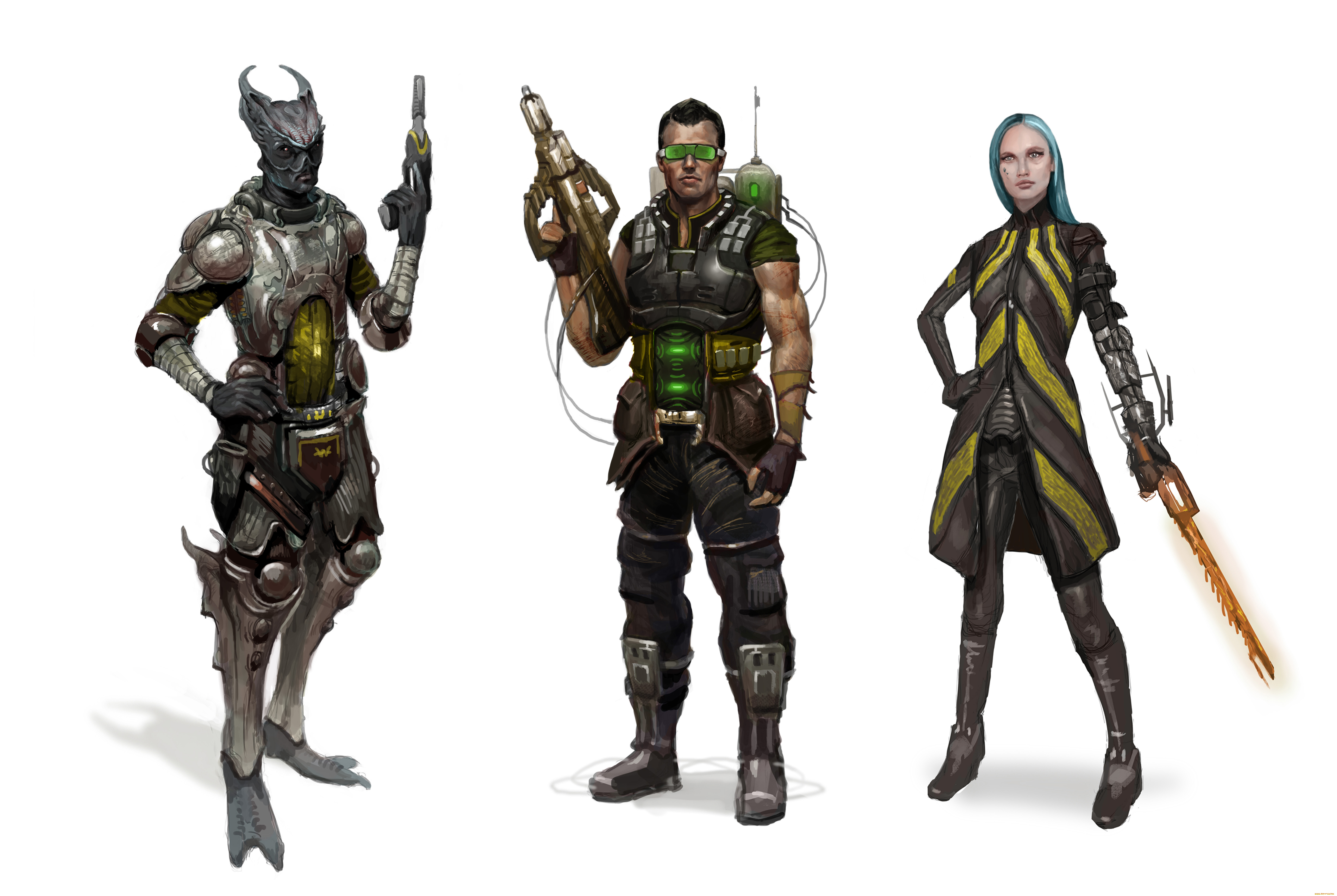 фэнтези, роботы, , киборги, , механизмы, фон, существо, девушка, мужчина, оружие, униформа, взгляд