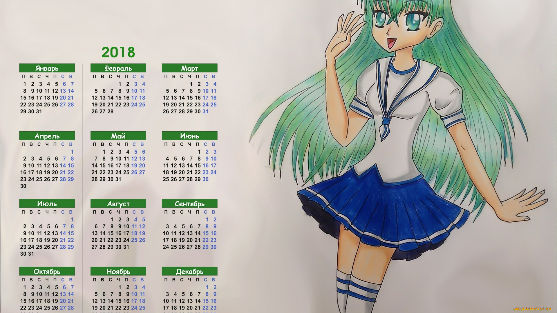 календари, аниме, взгляд, девушка, 2018