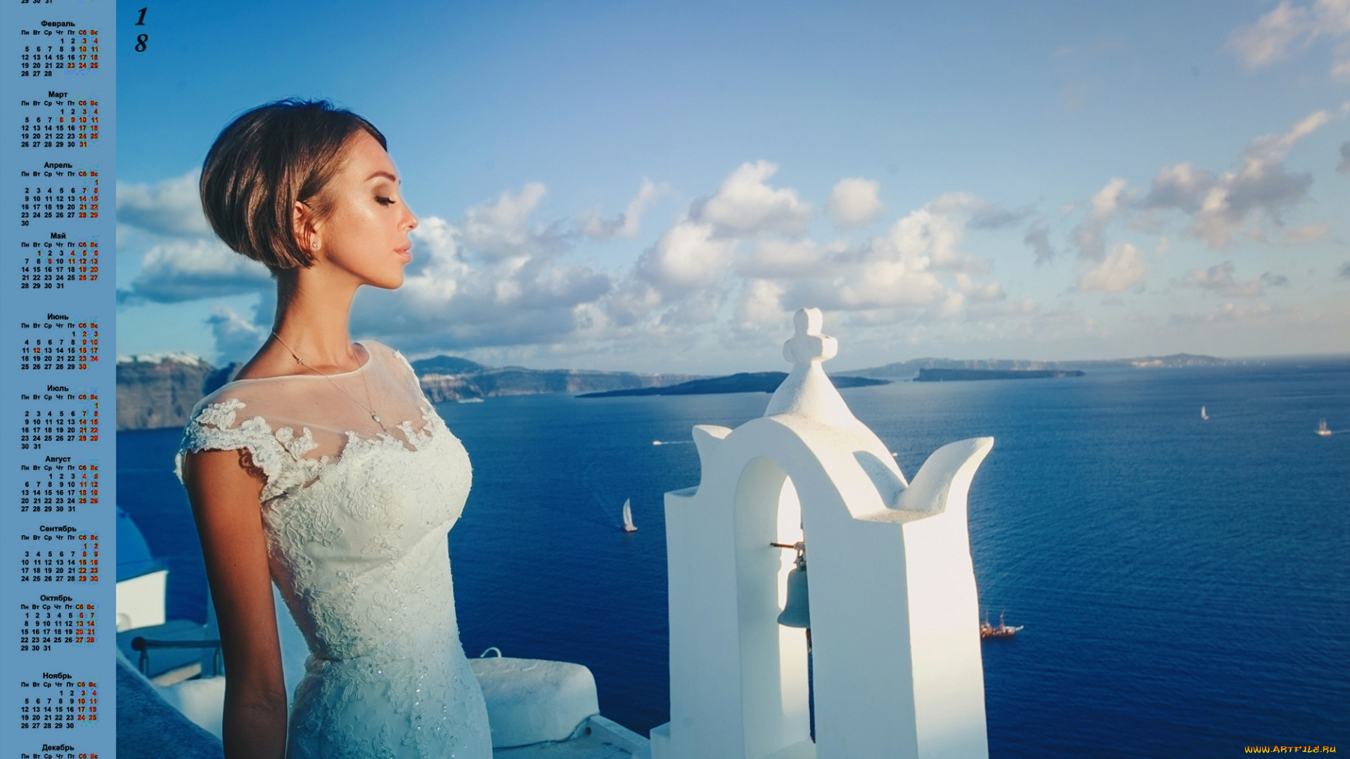 календари, девушки, облака, водоем, профиль, 2018