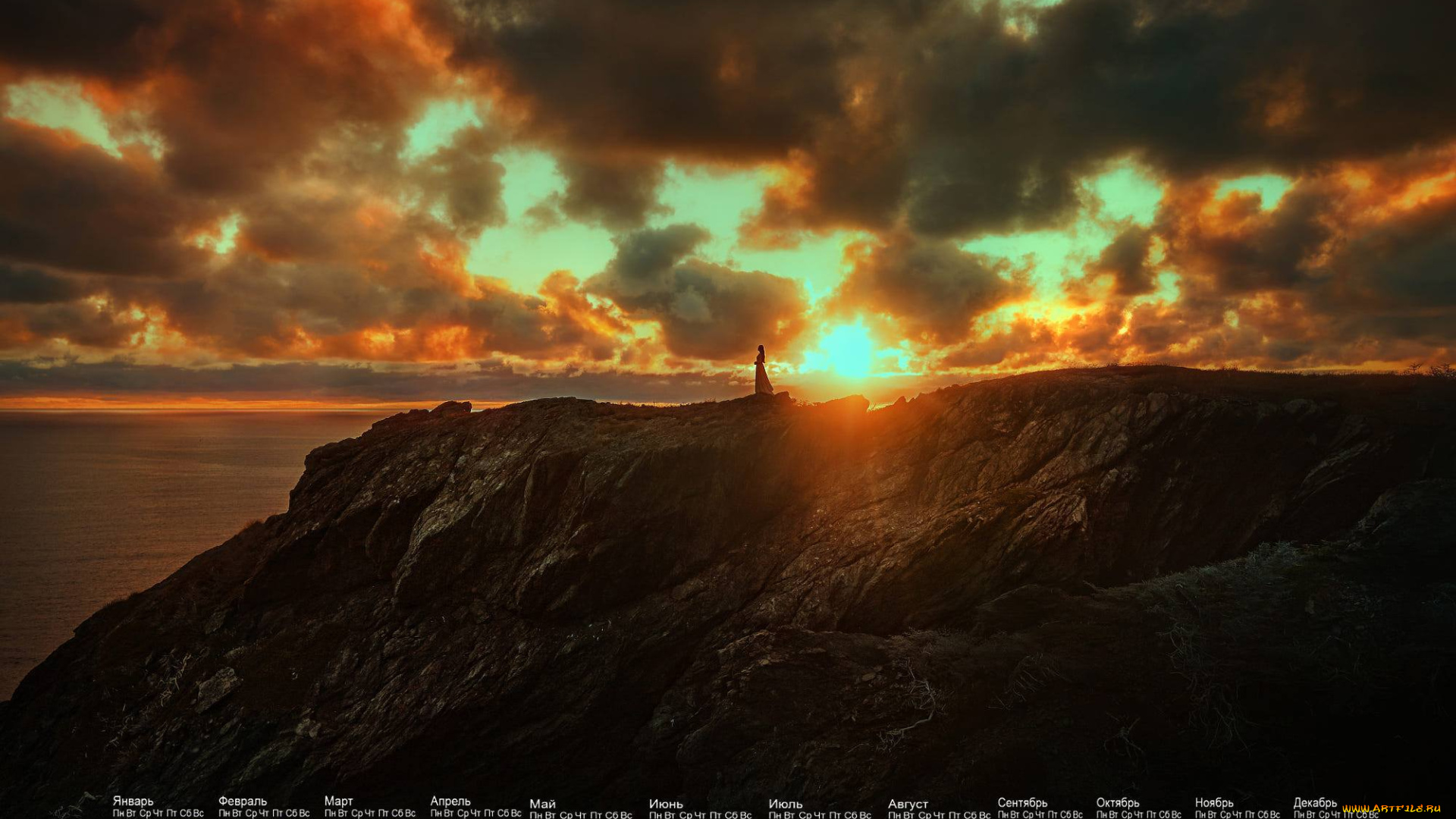 календари, природа, гора, 2018, водоем, закат, силуэт