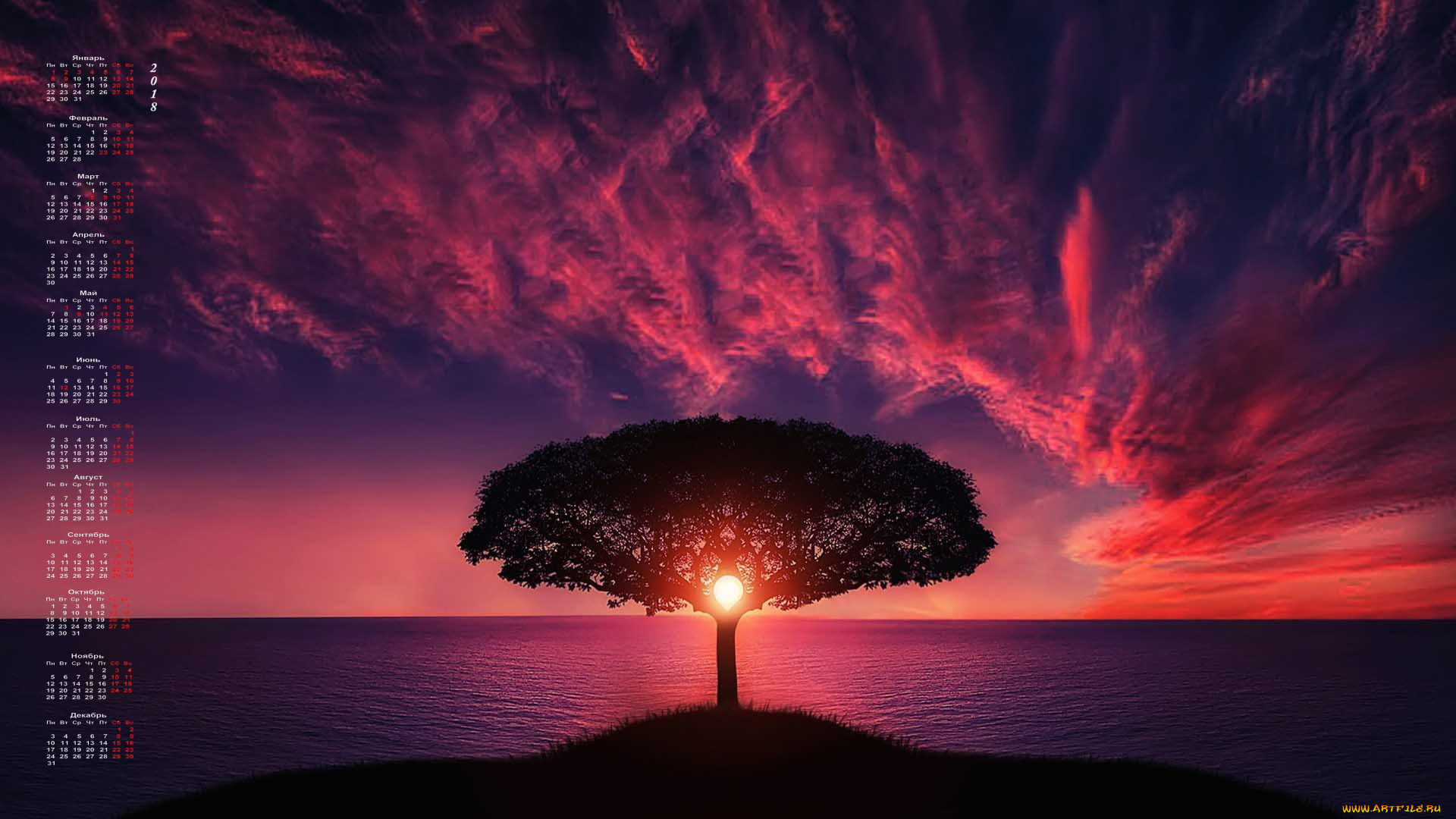 календари, природа, водоем, дерево, 2018