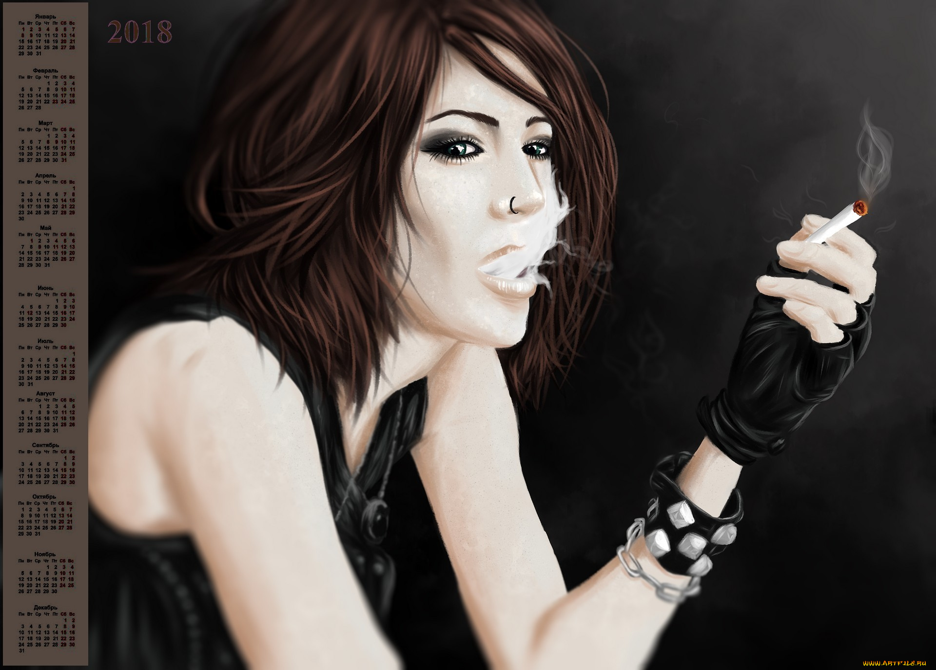 календари, рисованные, , векторная, графика, сигарета, девушка, 2018