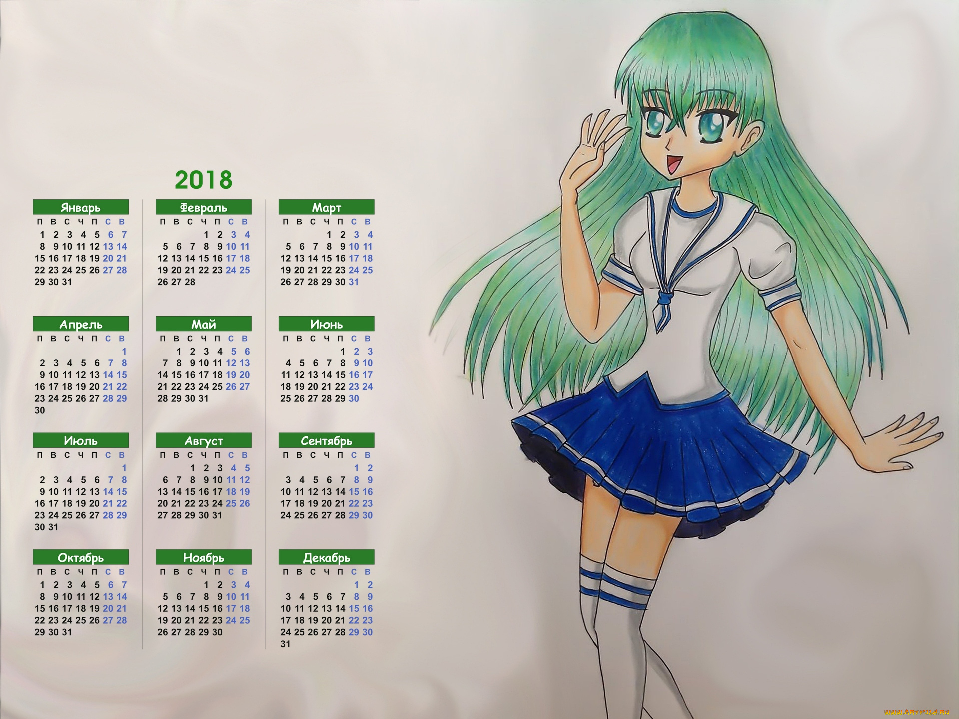 календари, аниме, взгляд, девушка, 2018