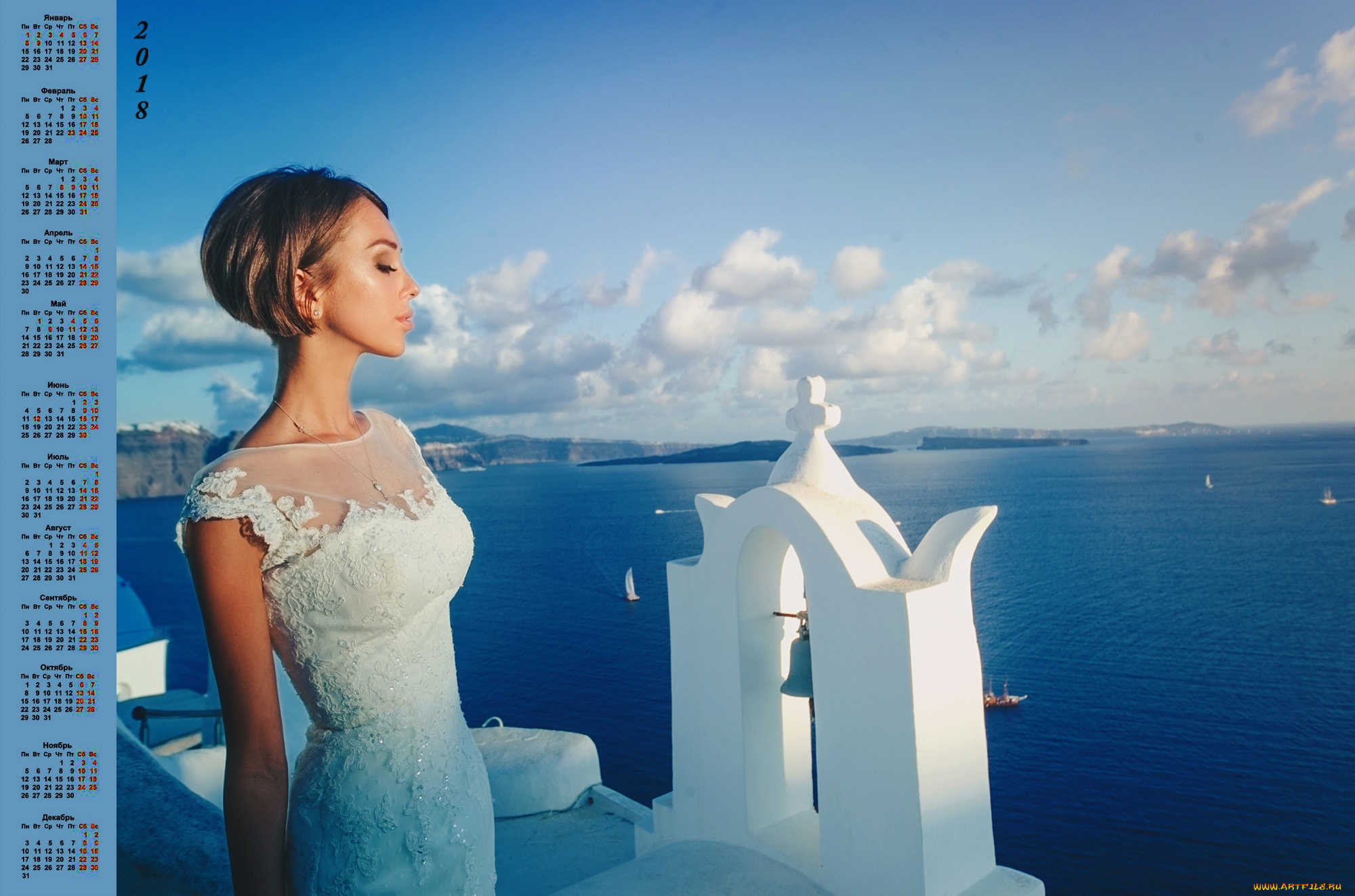 календари, девушки, облака, водоем, профиль, 2018