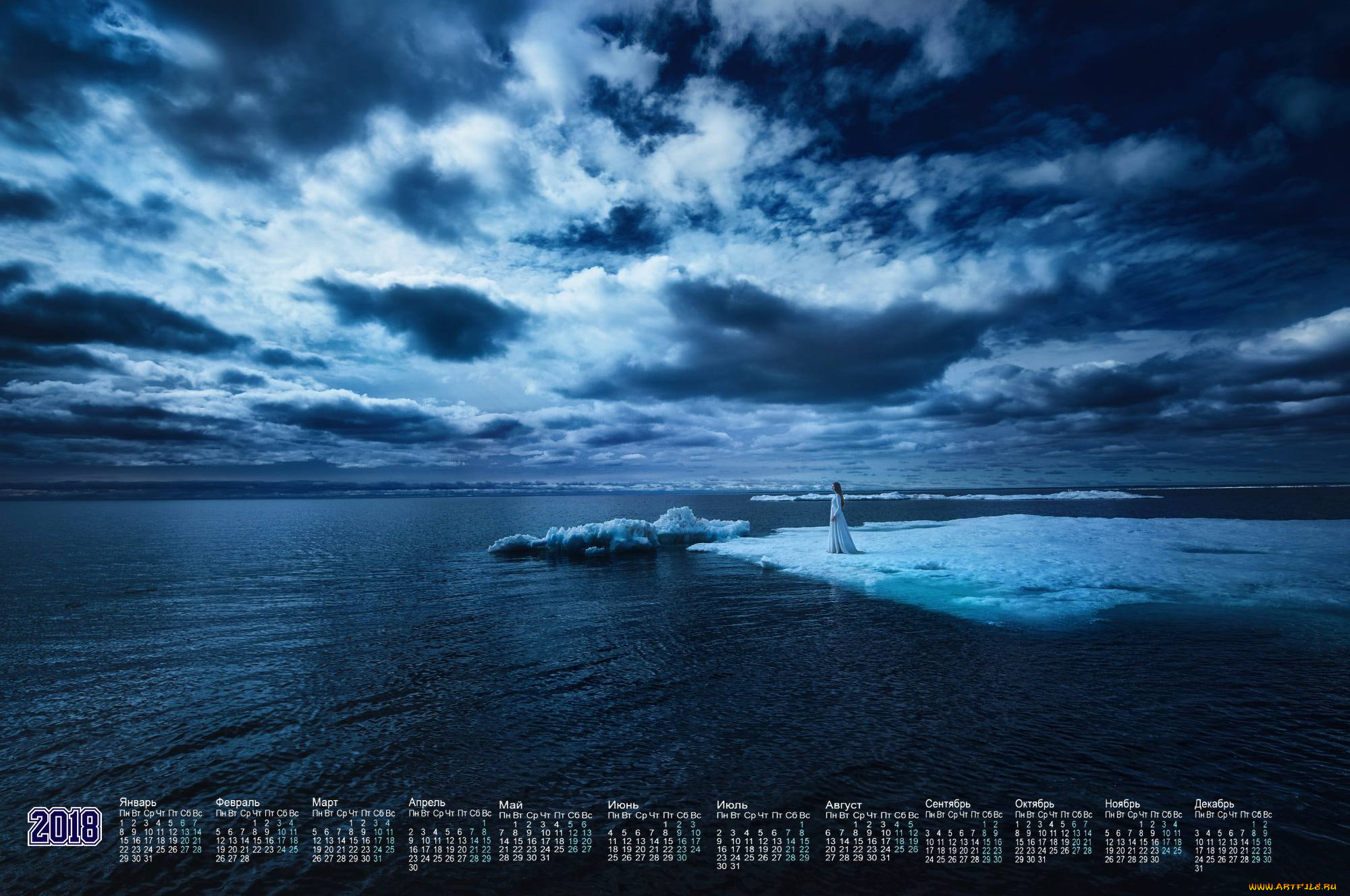 календари, природа, снег, лед, облака, 2018, водоем, девушка