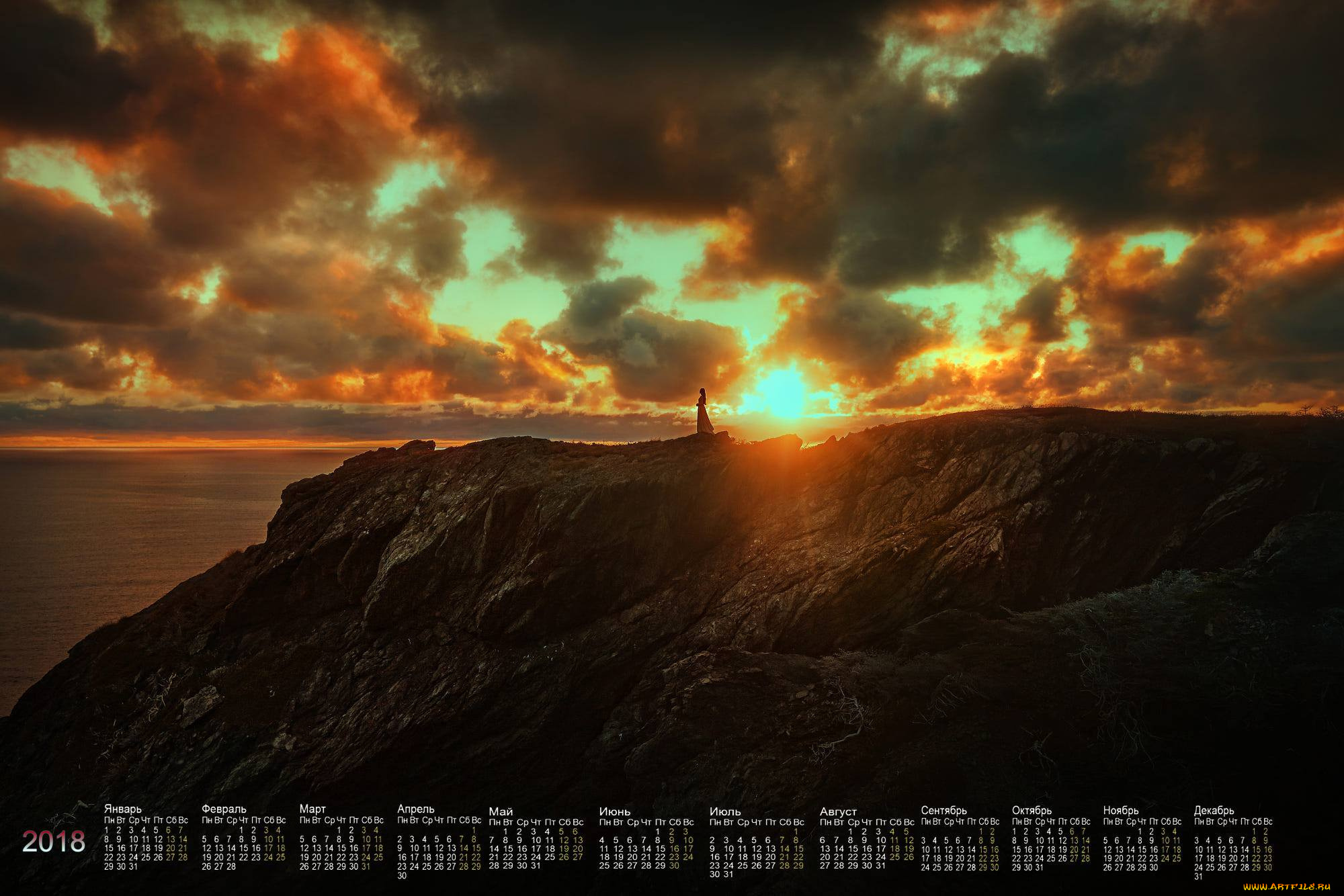 календари, природа, гора, 2018, водоем, закат, силуэт