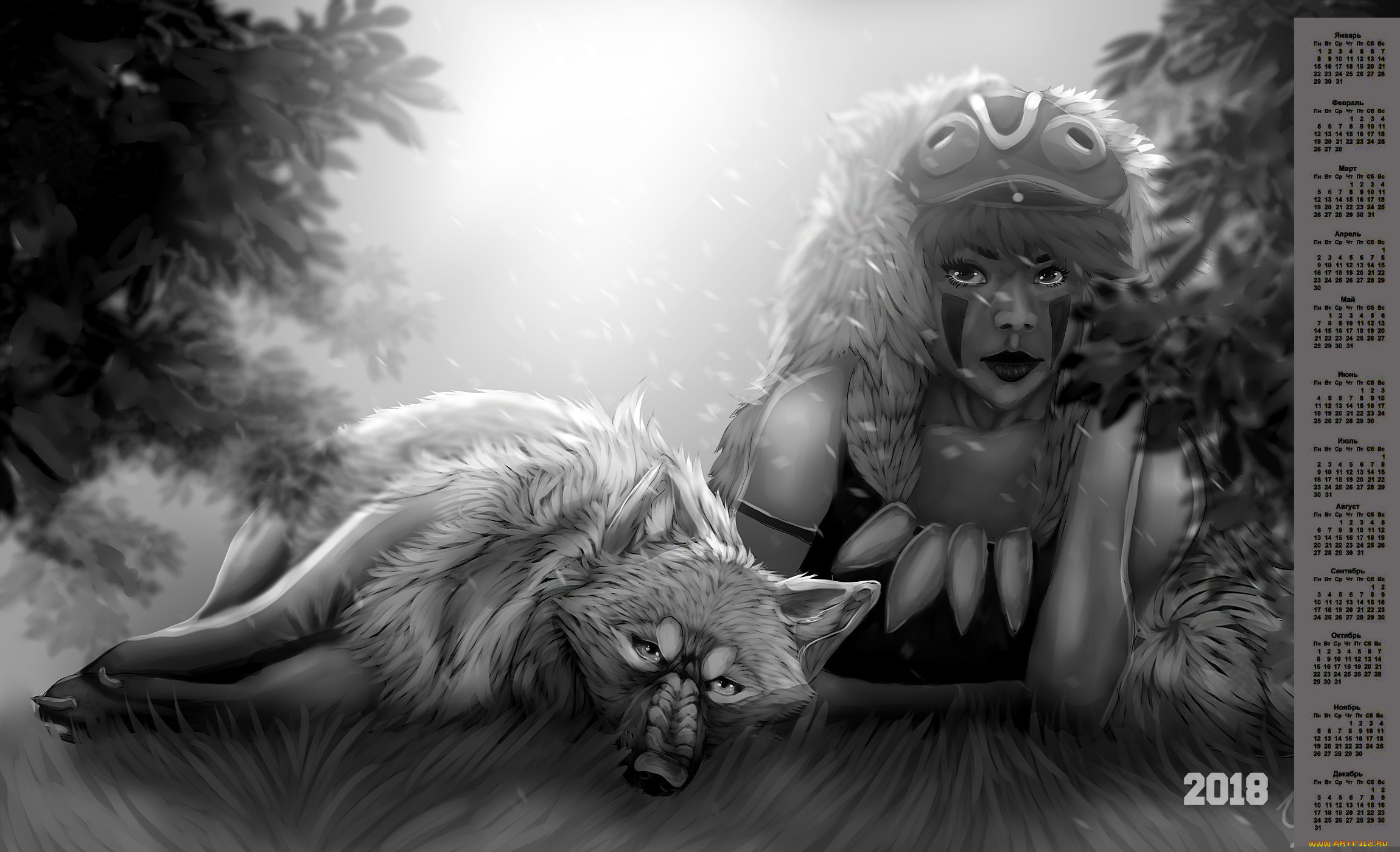 календари, аниме, зверь, мононоке, 2018, раскраска, взгляд