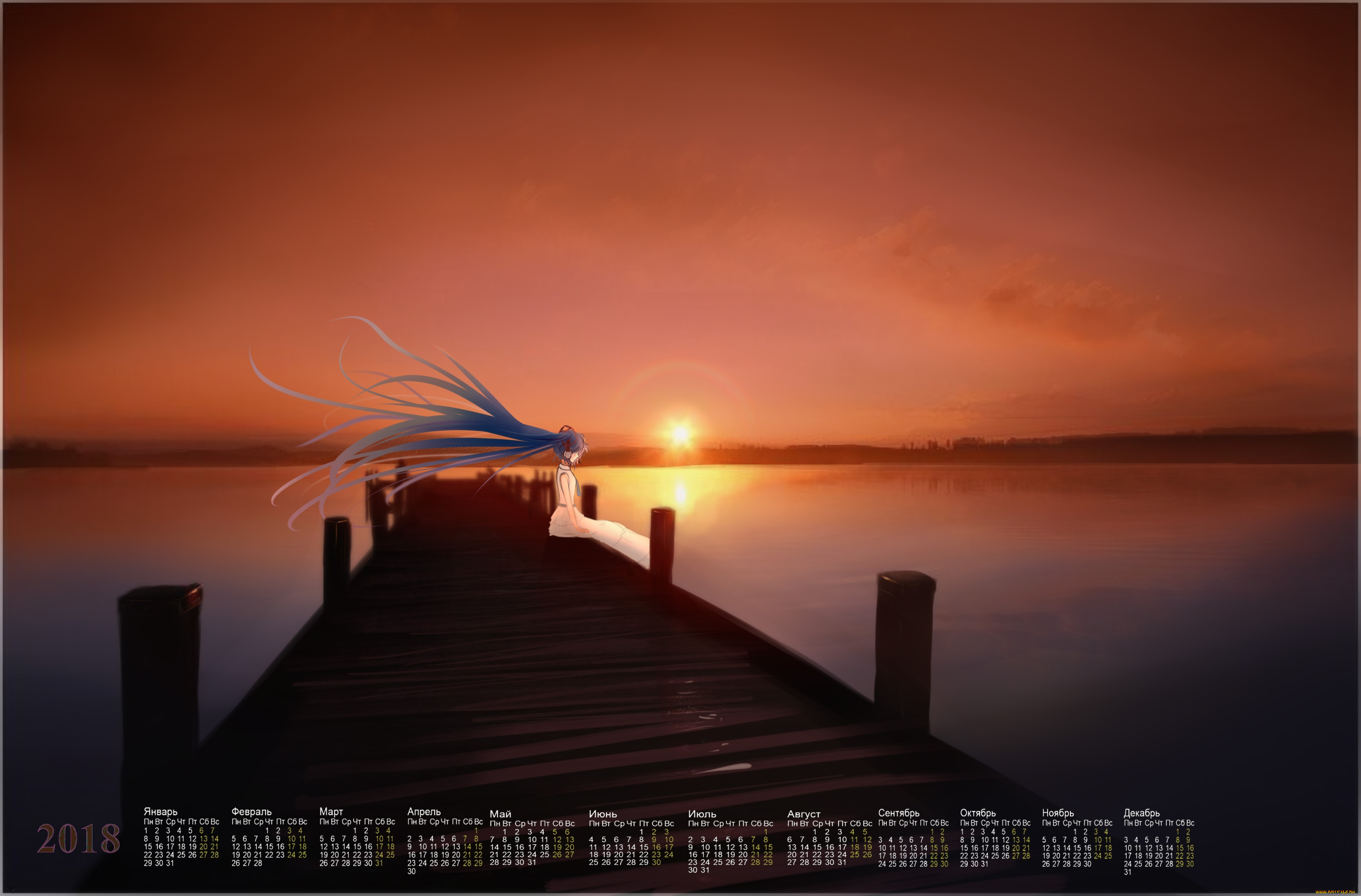 календари, аниме, девочка, 2018, пирс, закат, водоем