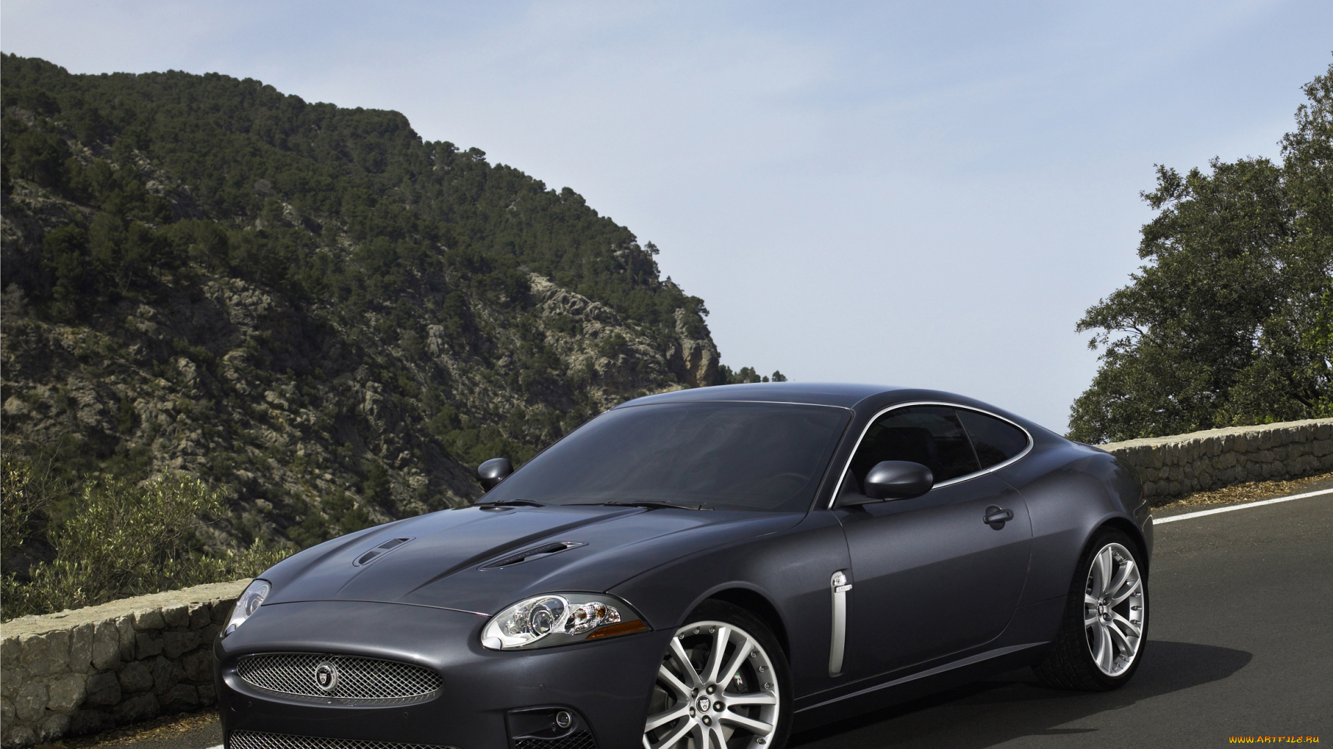 автомобили, jaguar, серый, Ягуар, дорога, горы, трасса, шоссе