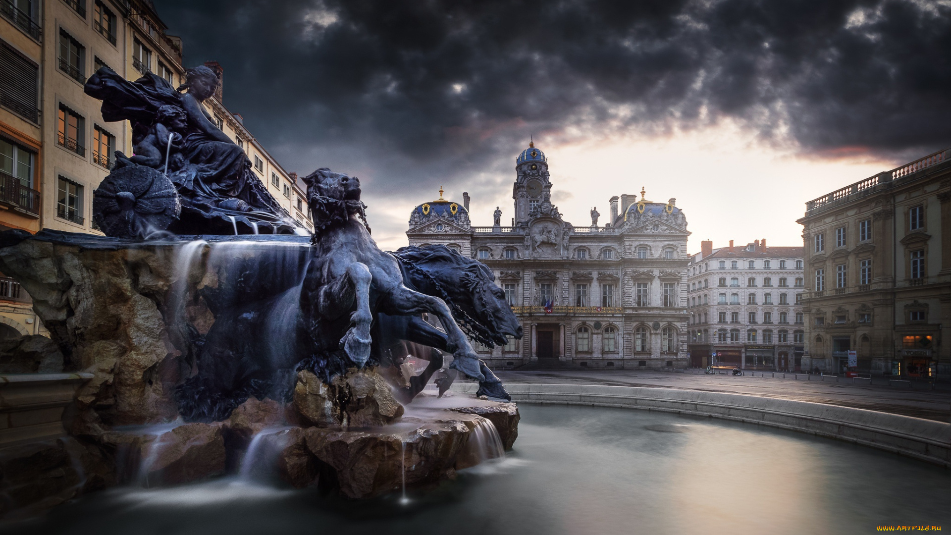 города, лион, , франция, лион, фонтан, площадь