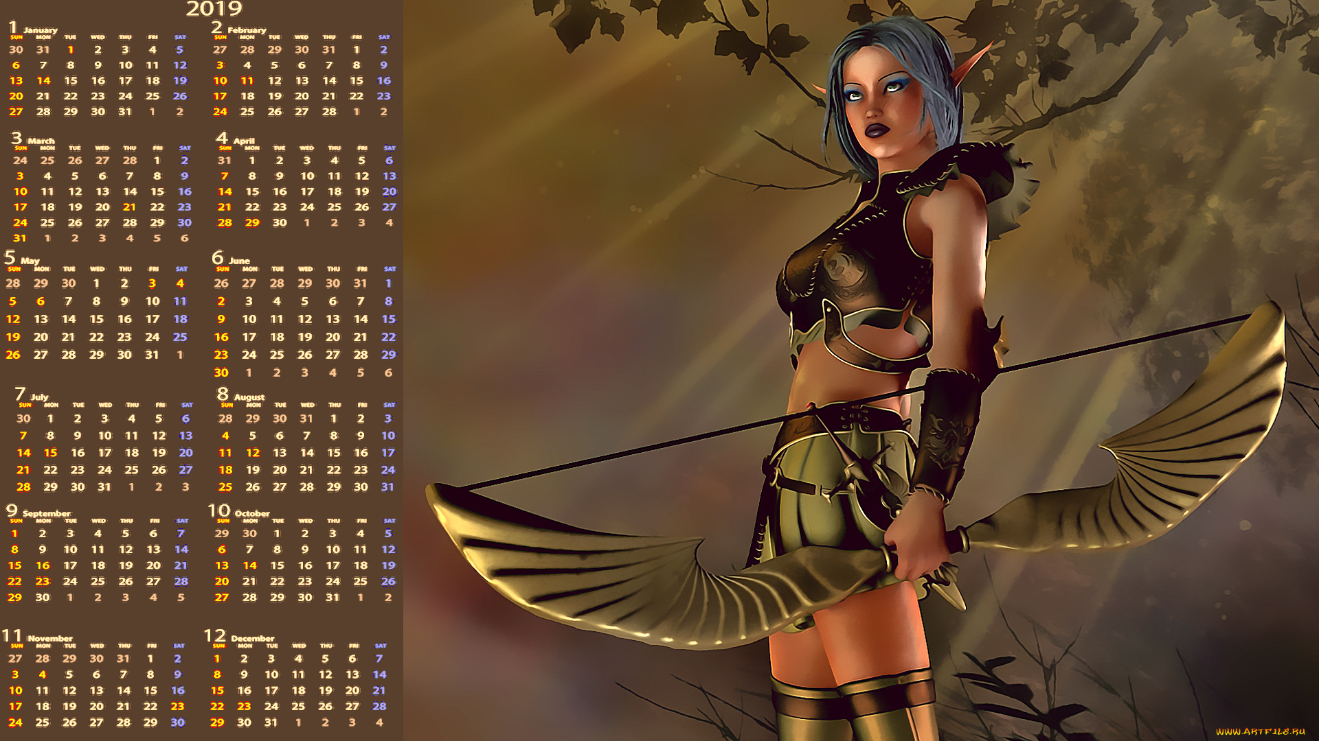 календари, фэнтези, оружие, лук, девушка