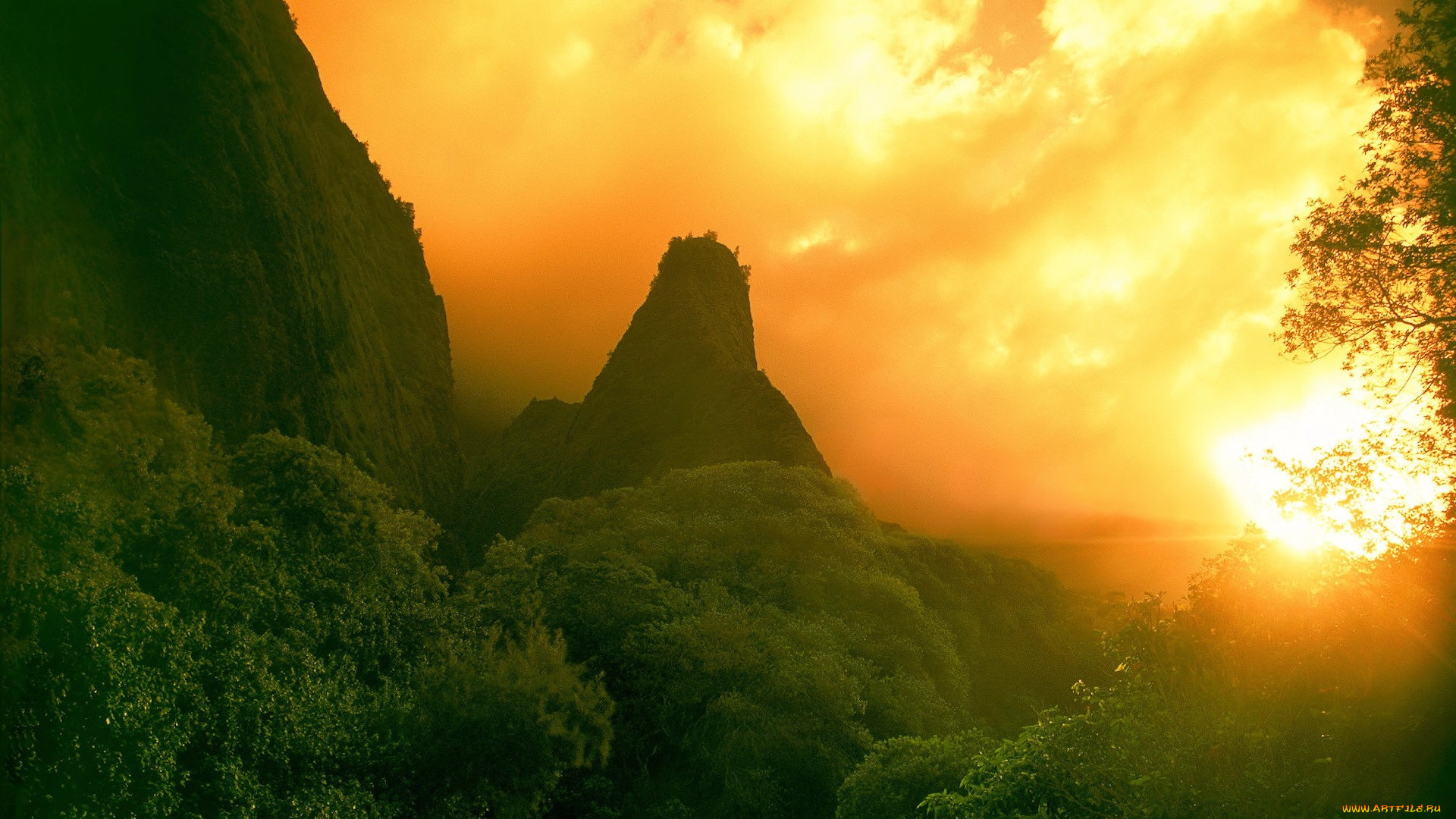 природа, горы, зелень, облака, туман