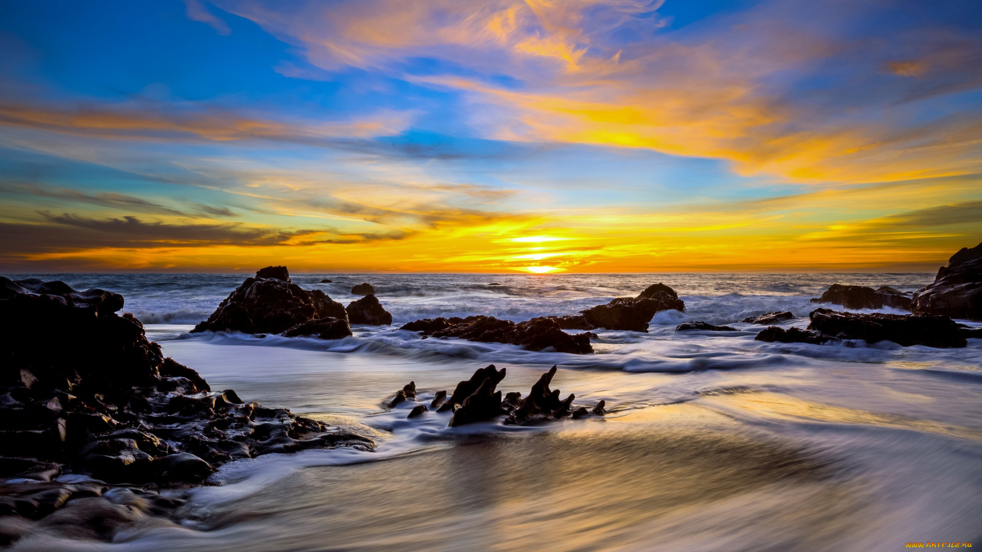 природа, побережье, закат, океан