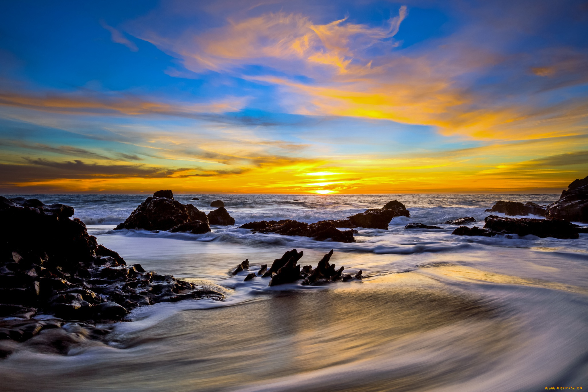 природа, побережье, закат, океан