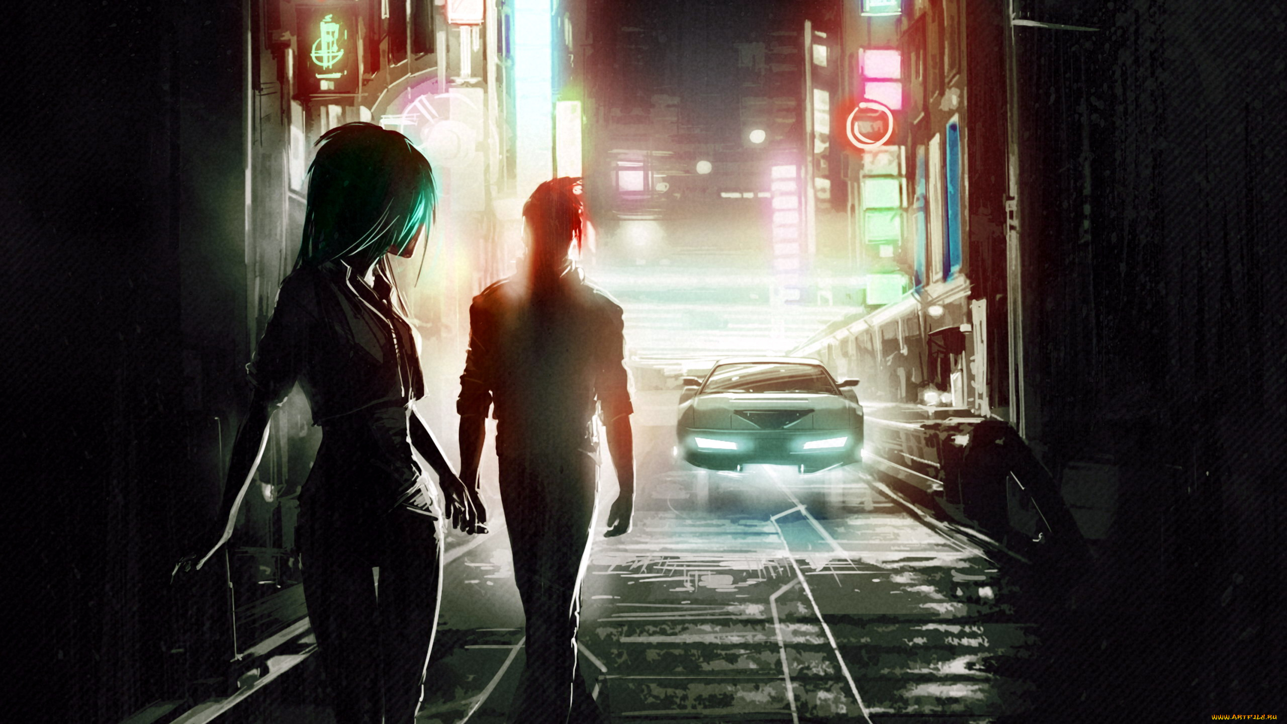 фэнтези, люди, девушка, парень, машина, город, огни