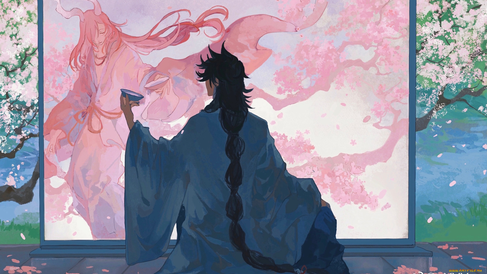 аниме, ангелы, , демоны, парень, коса, чаша, ширма, демон, цветение