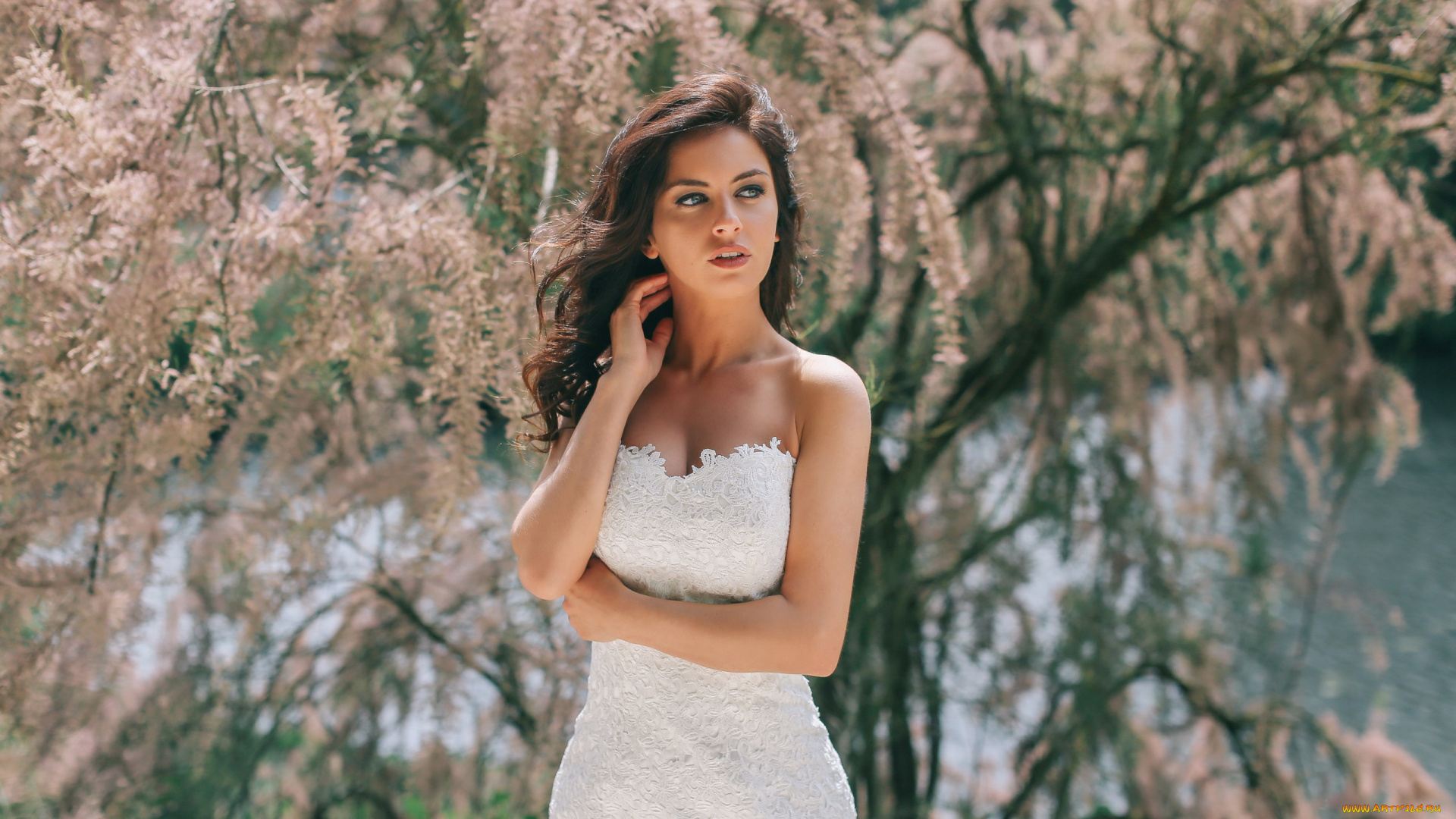 девушки, aurela, skandaj, белое, кружевное, платье, декольте