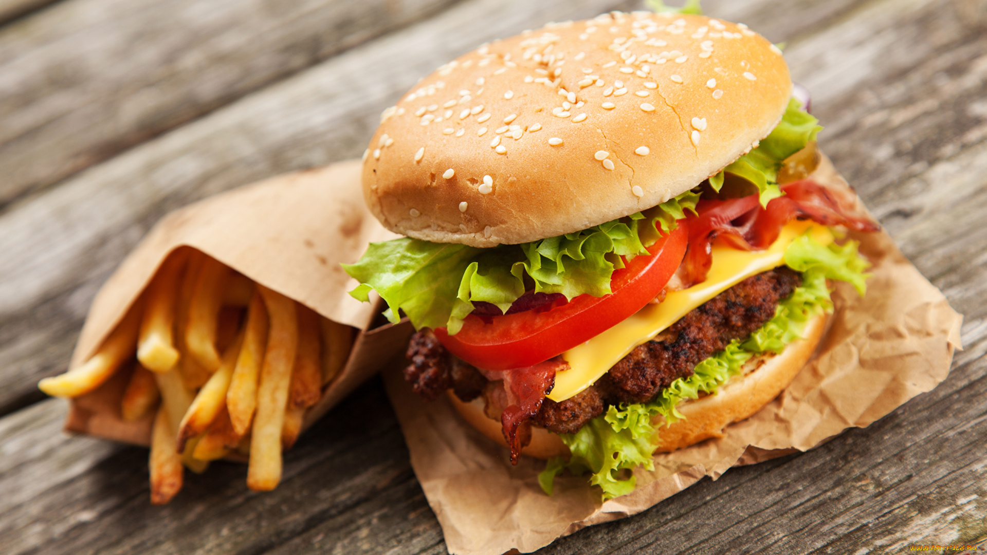 еда, бутерброды, , гамбургеры, , канапе, гамбургер, салат, бекон, помидор, картофель, фри