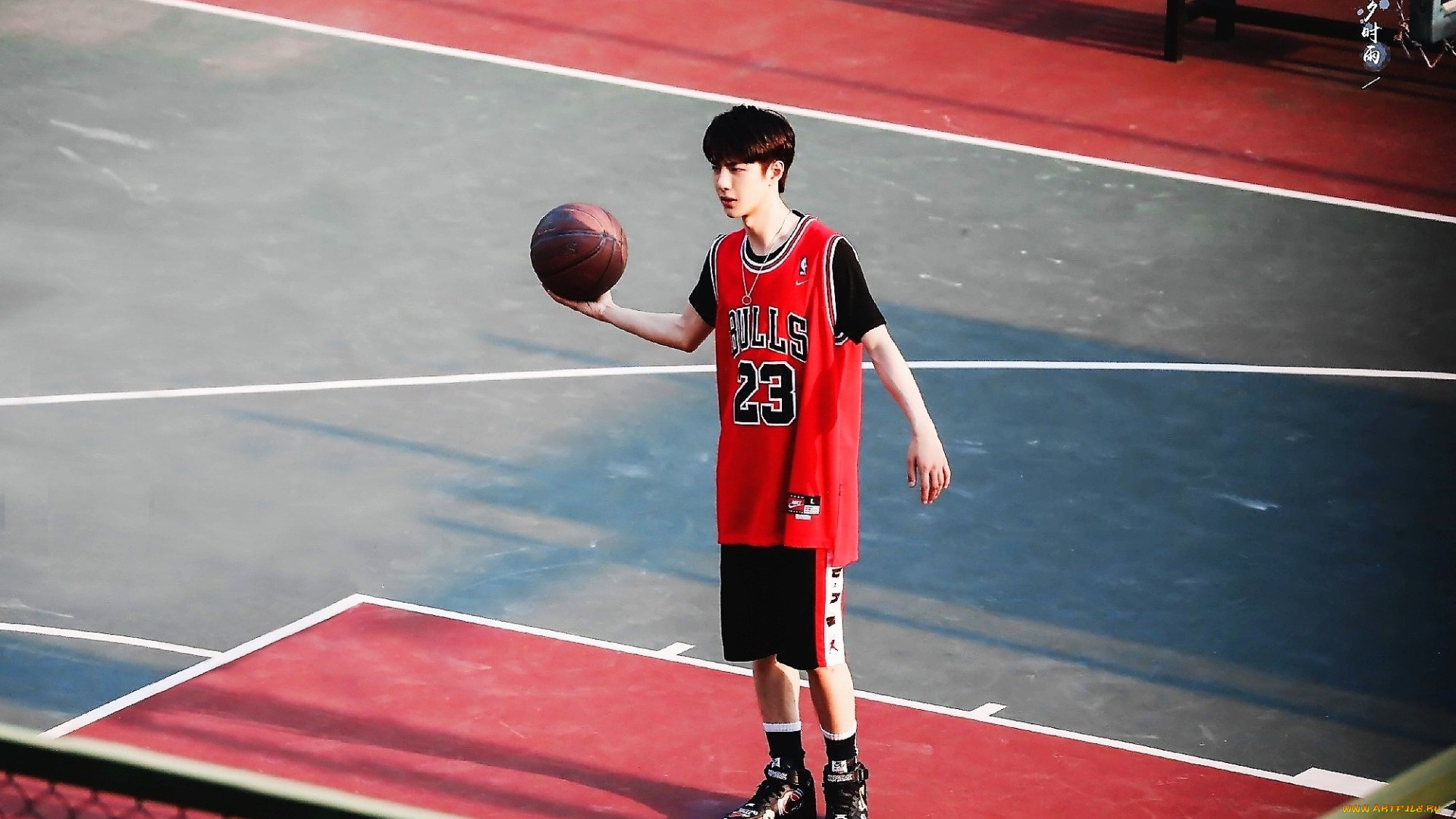 мужчины, wang, yi, bo, форма, мяч, площадка, баскетбол