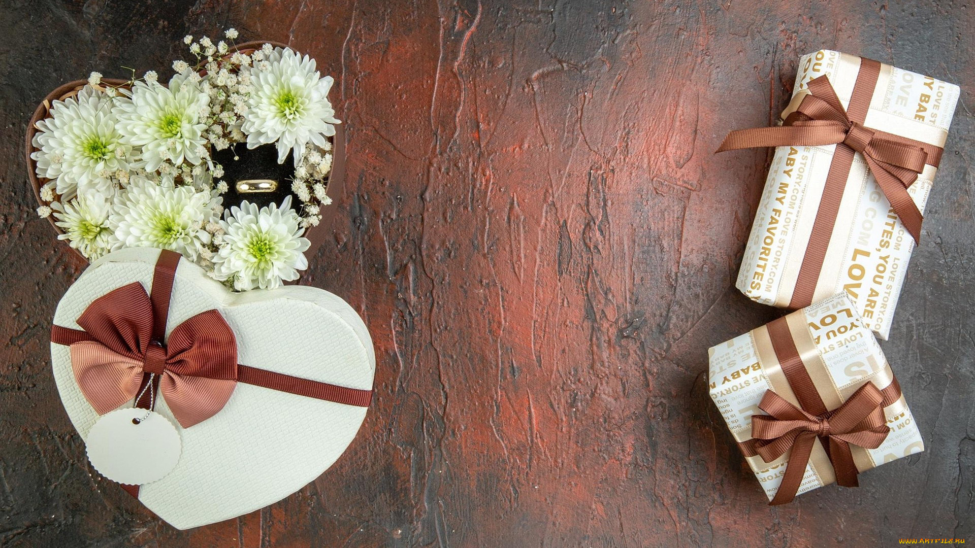 праздничные, подарки, и, коробочки, хризантемы, подарки, ленты, банты