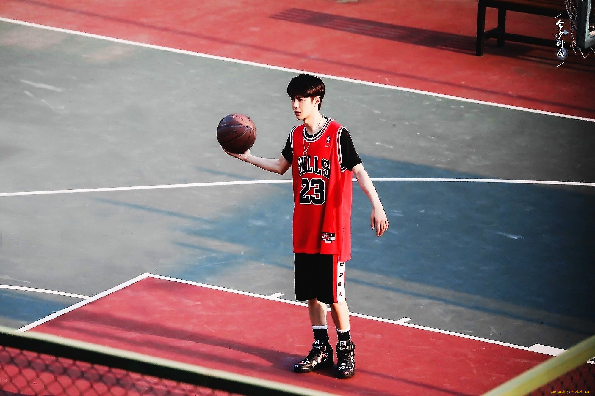 мужчины, wang, yi, bo, форма, мяч, площадка, баскетбол