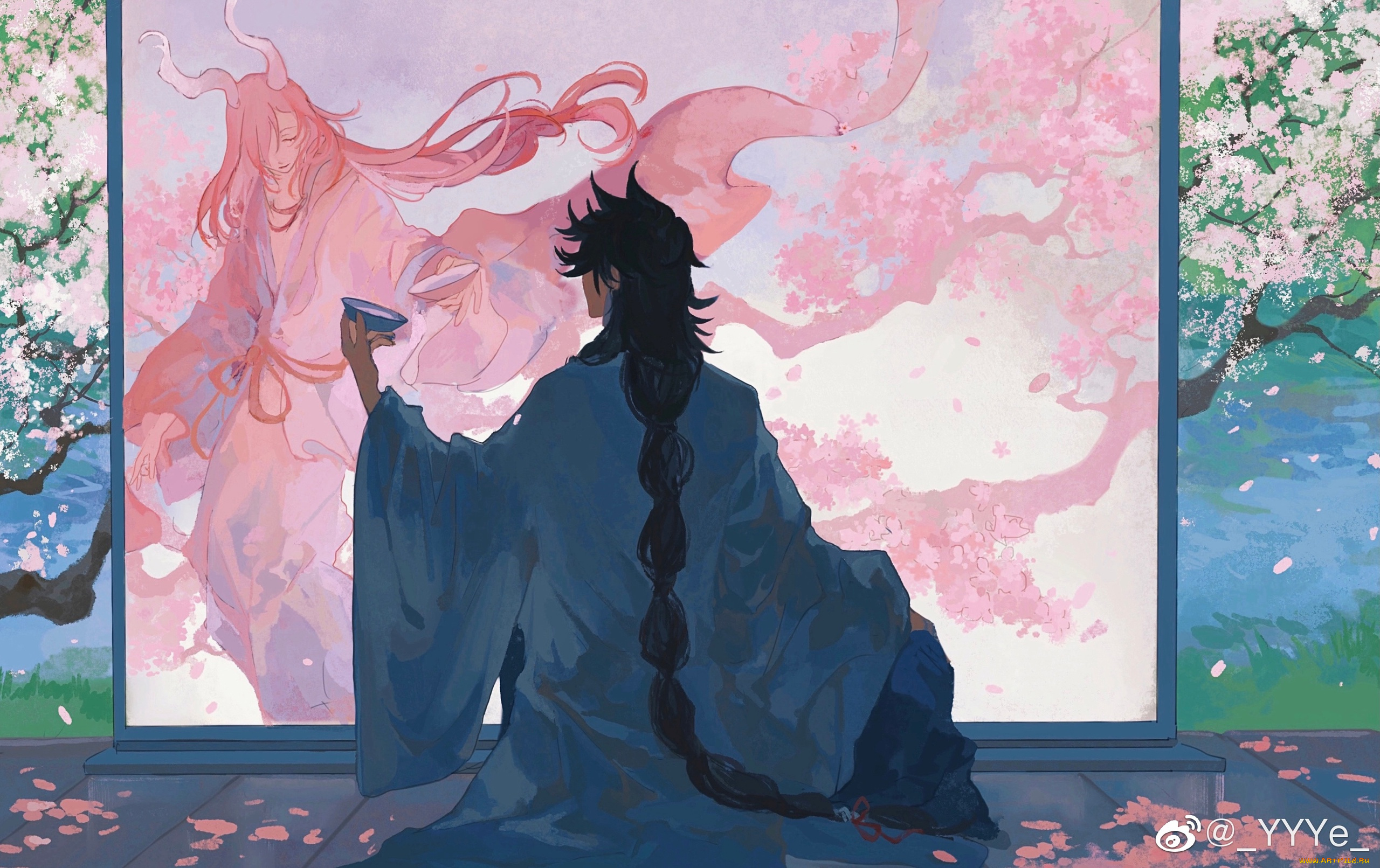 аниме, ангелы, , демоны, парень, коса, чаша, ширма, демон, цветение