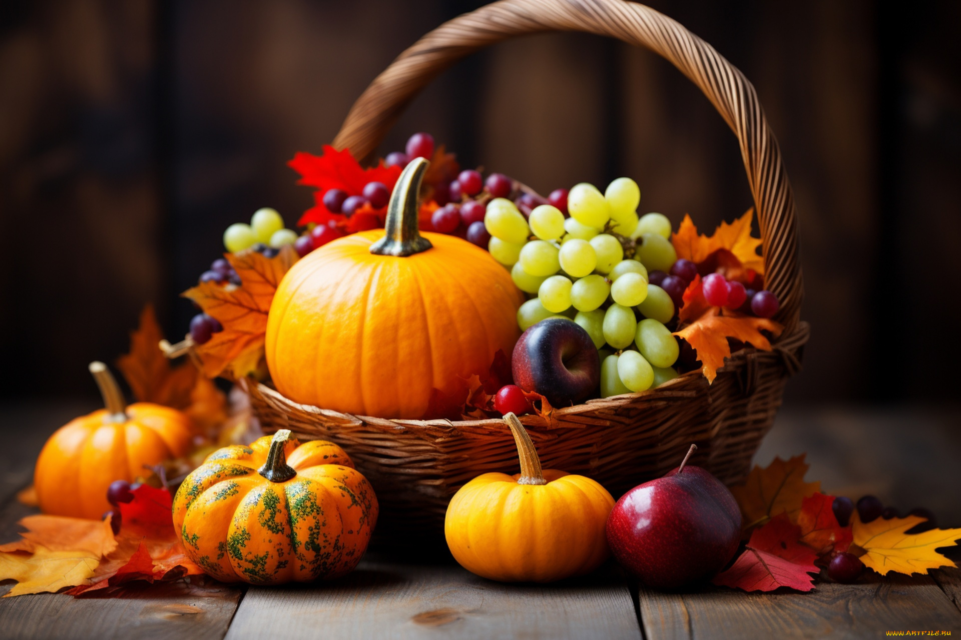 еда, фрукты, и, овощи, вместе, корзинка, кленовые, листья, виноград, тыквы, сливы