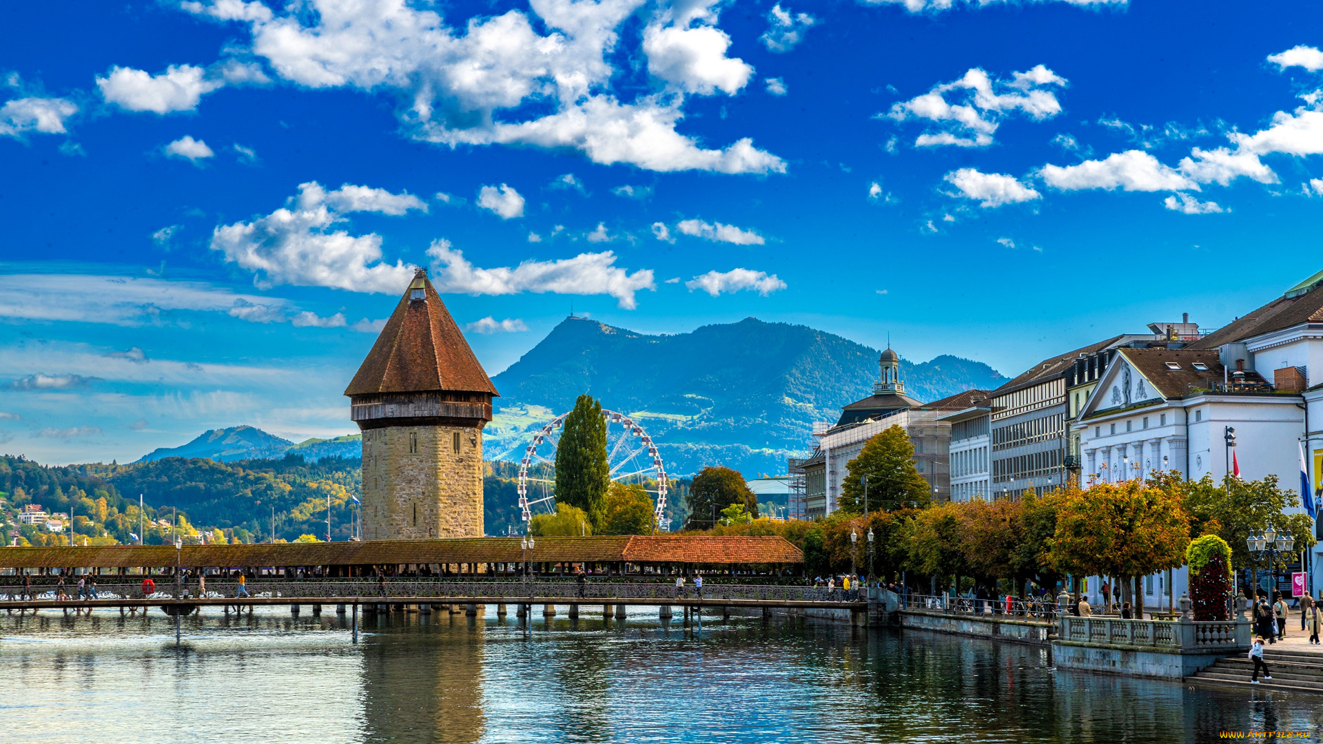 города, люцерн, , швейцария, горы, облака, озеро, мост, башня, дома, деревья, осень