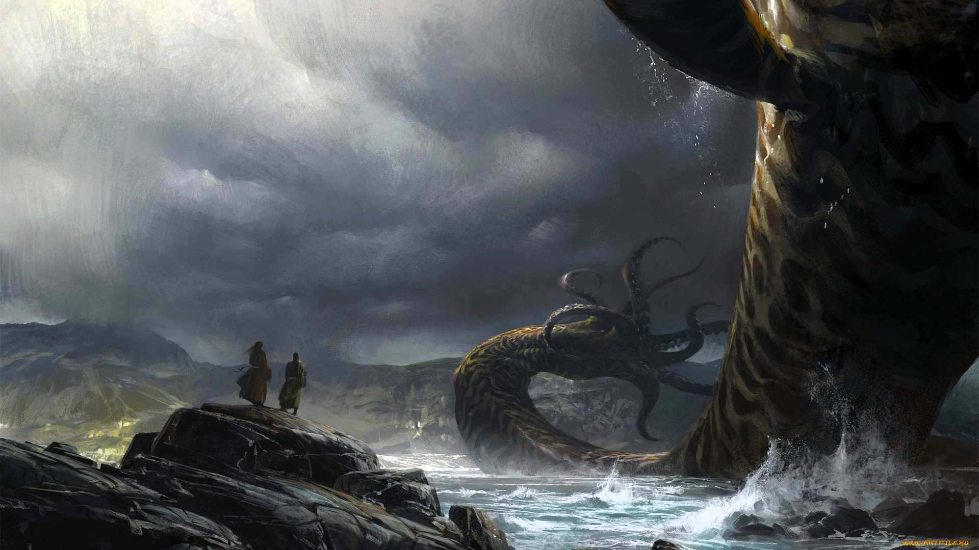 видео, игры, guild, wars, 2, тучи, скалы, камни, берег, море, люди, монстр